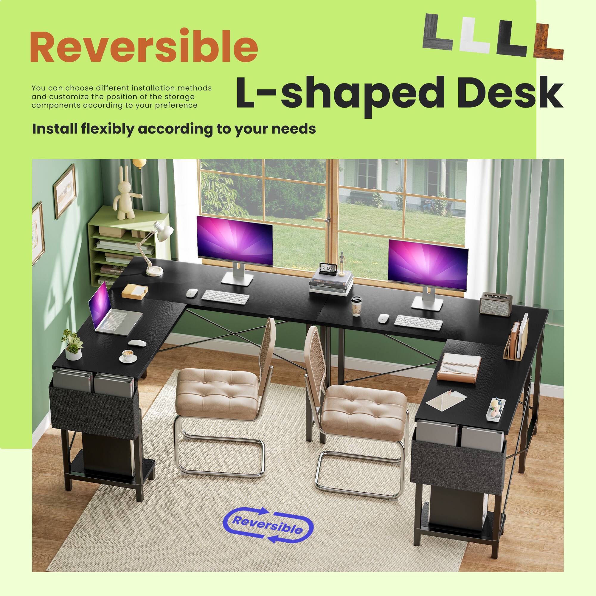 Reversible L-shaped Desk

You can choose different installation methods and customize the position of the storage components according to your preference

Install flexibly according to your needs