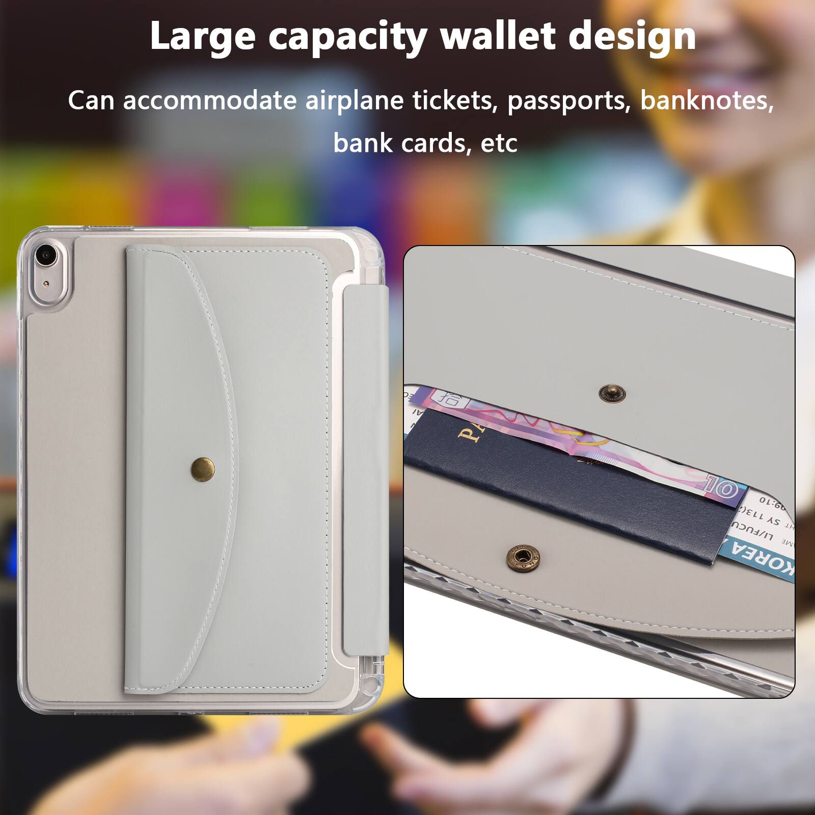 Large capacity wallet design  
Can accommodate airplane tickets, passports, banknotes, bank cards, etc
