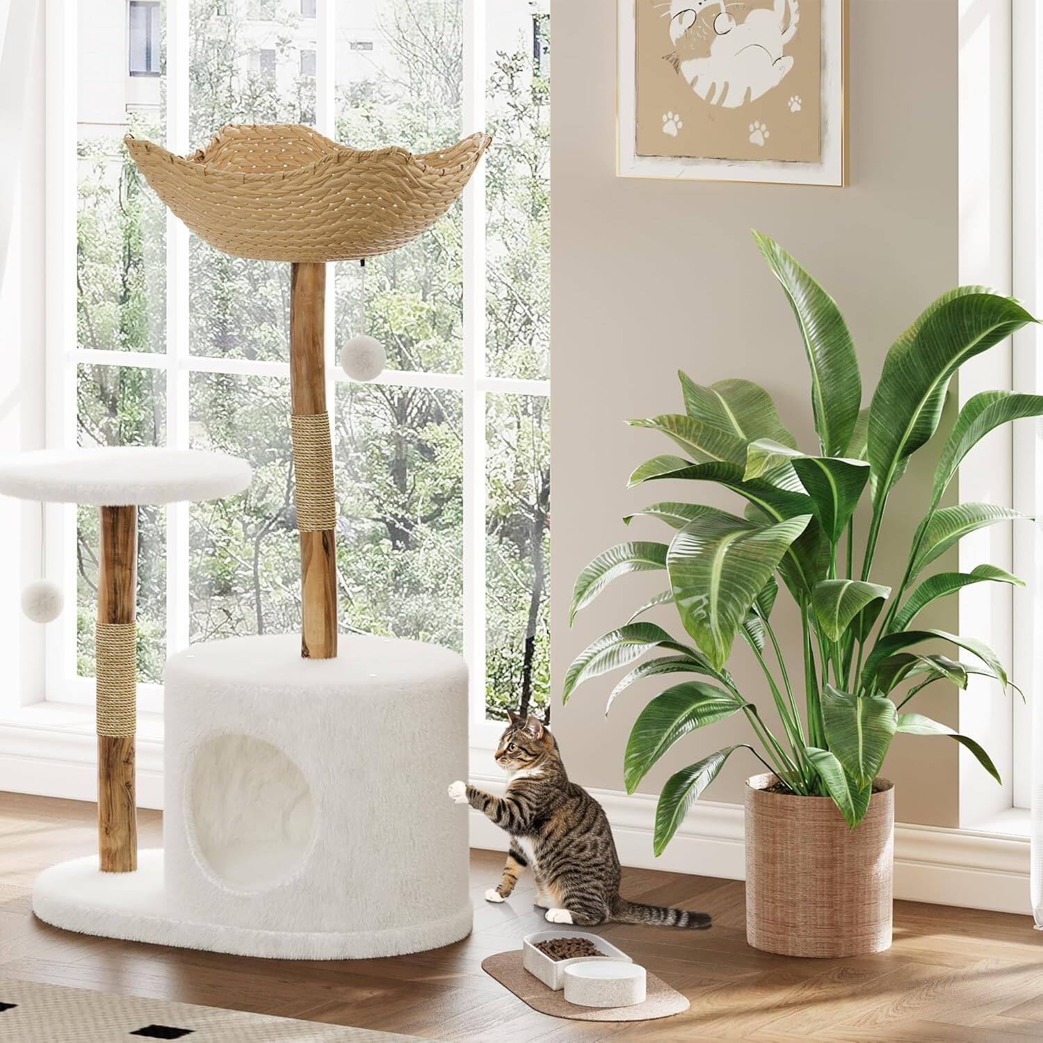Left. Acekool - Modern Natural Wood Cat Tree, Large Rattan Basket Tower, Scratching Posts, Branch Design, White Plush Perch, White.