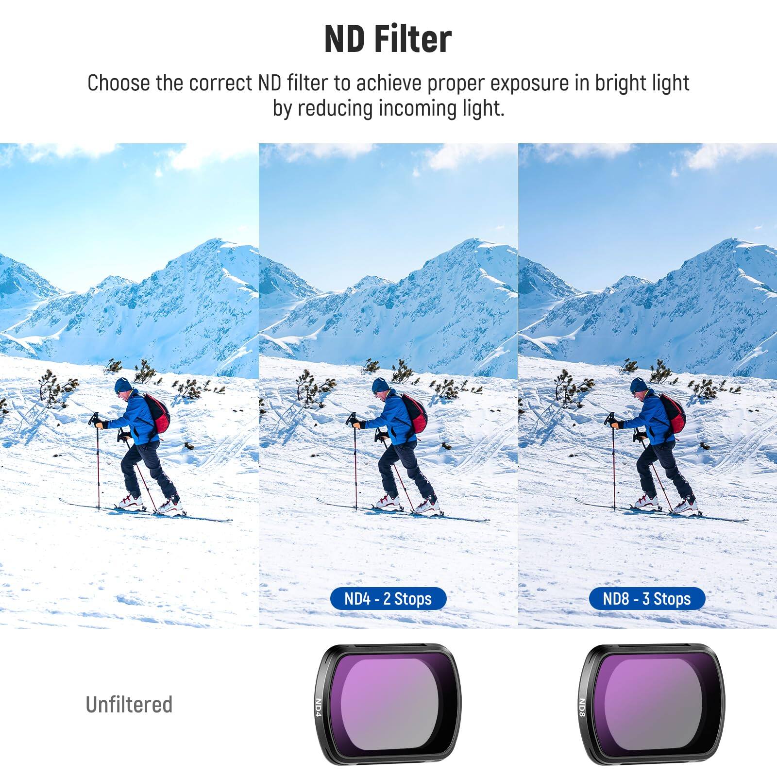 ND Filter

Choose the correct ND filter to achieve proper exposure in bright light by reducing incoming light.

- ND4 - 2 Stops
- ND8 - 3 Stops
- Unfiltered