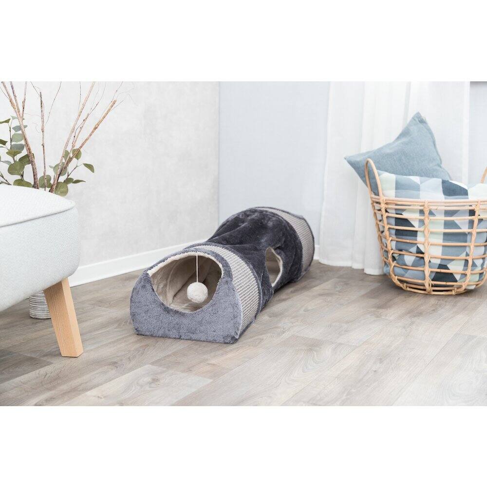 Left. TRIXIE - Sisal & Plush 1-Level Cat Condos with Scratching Surface, Tunnel & Cat Toy - Gray.