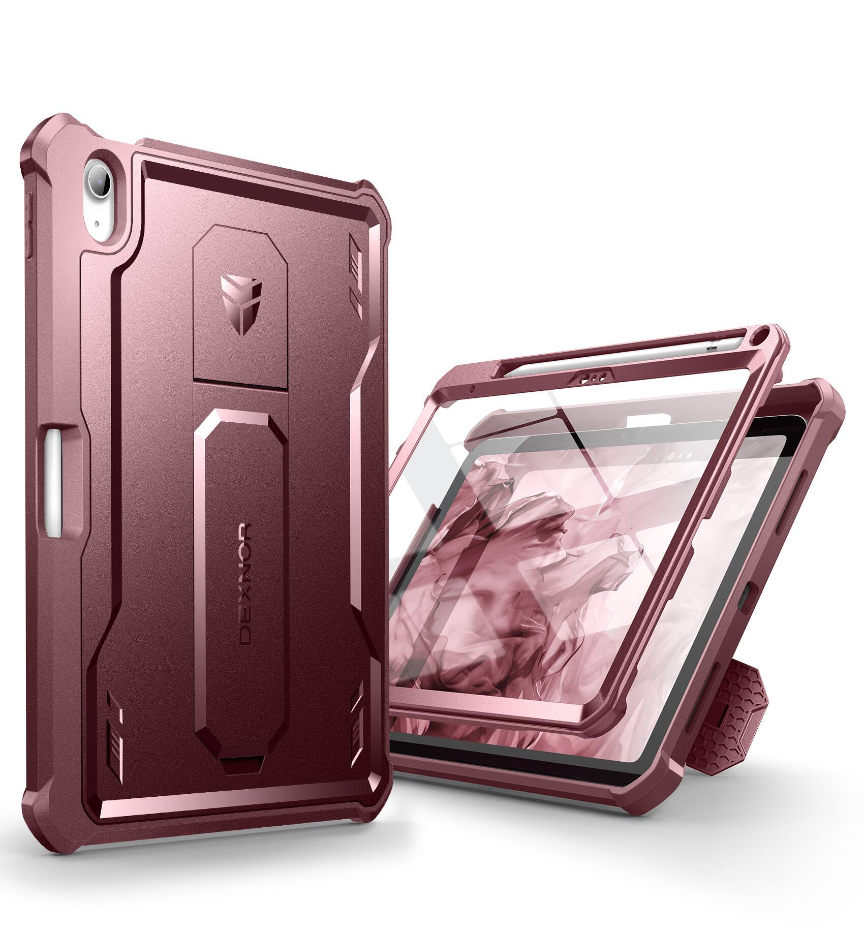 Angle. Dexnor - For iPad 10th Gen/ipad 11th Gen Case with Built-in Screen Protector, Pencil Holder Heavy Duty Shockproof Full Body Cover - Maroon Red.