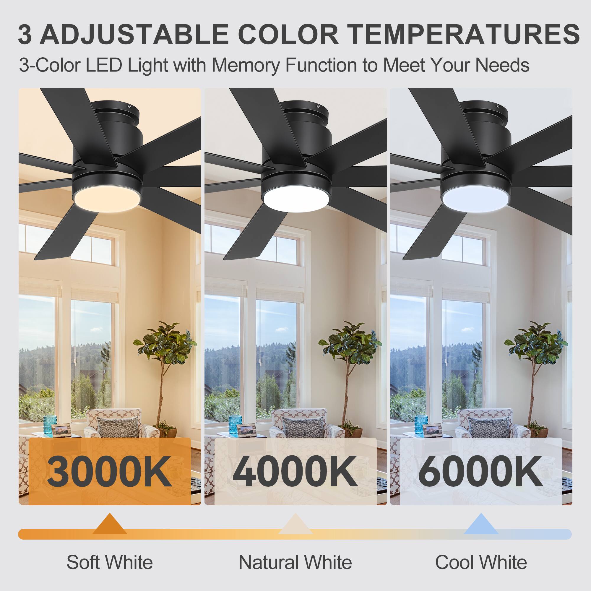 3 Adjustable Color Temperatures  
3-Color LED Light with Memory Function to Meet Your Needs  
3000K Soft White  
4000K Natural White  
6000K Cool White