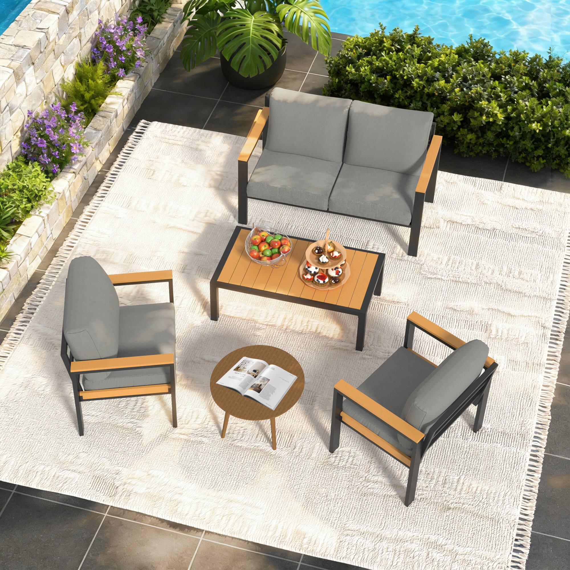 Alt View 2. U-HOMY - Outdoor Patio Furniture Set: 4-Piece Aluminum Conversation Group with Table, All-Weather - Grey.