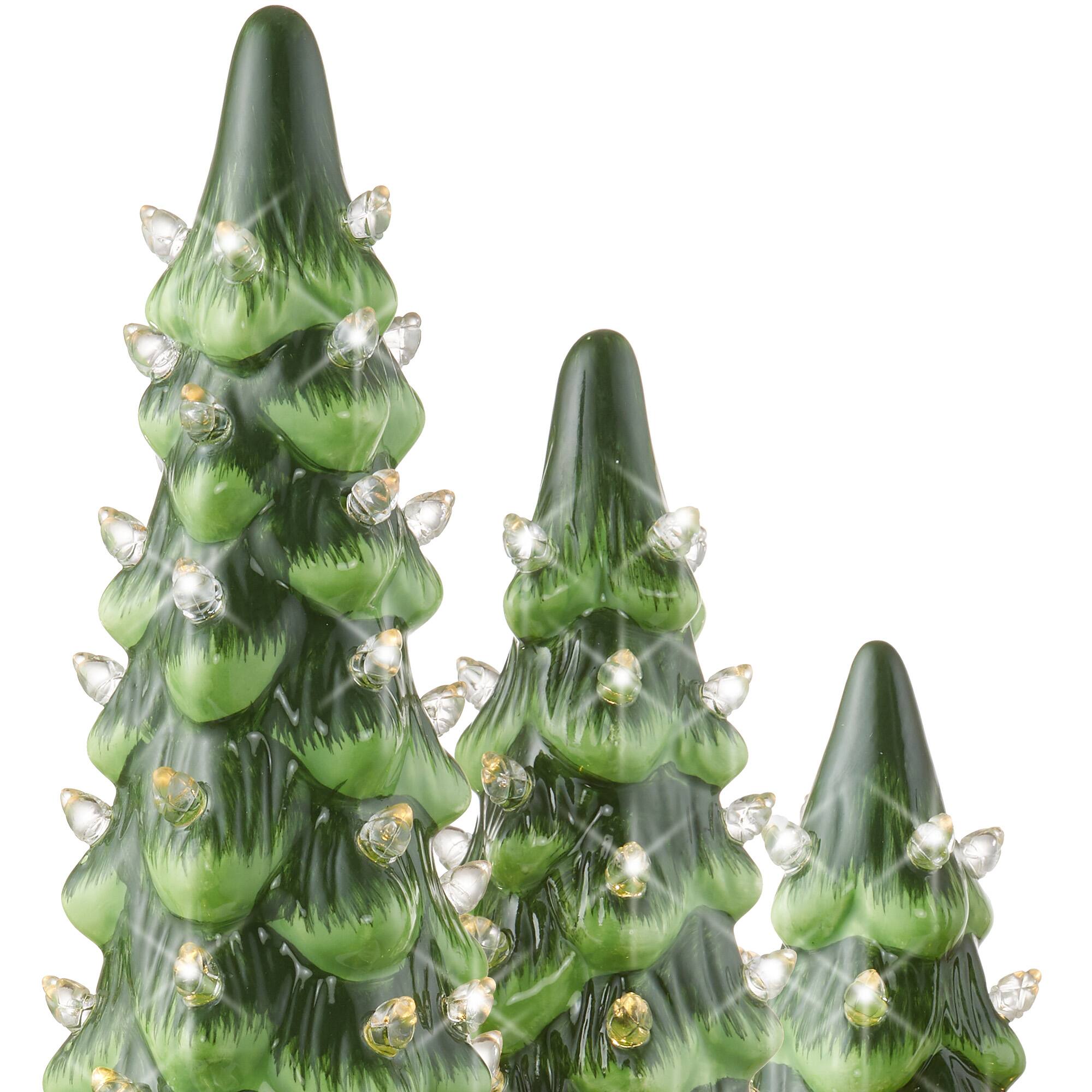 Alt View 4. Casafield - 3PC Set 8/10/12" Pre-Lit Ceramic Christmas Trees with Lights - Green w/ White.