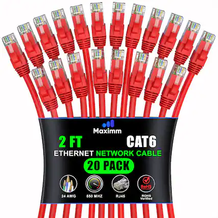 Maxim 2 FT CAT6 ETHERNET NETWORK CABLE 20 PACK RoHS COMPLIANT 24 AWG 550 MHZ RJ45 ROHS Verified