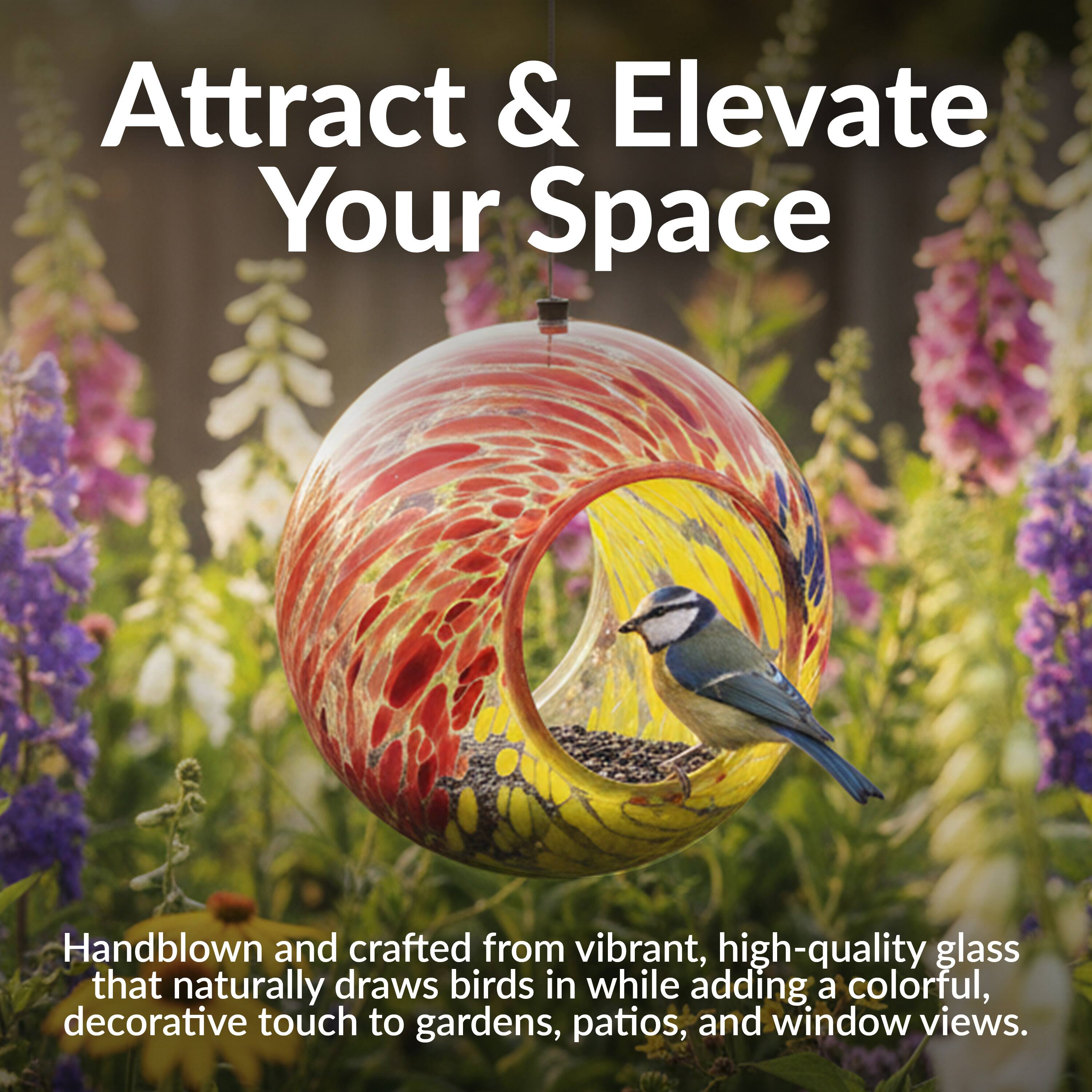 Attract & Elevate Your Space

Handblown and crafted from vibrant, high-quality glass that naturally draws birds in while adding a colorful, decorative touch to gardens, patios, and window views.