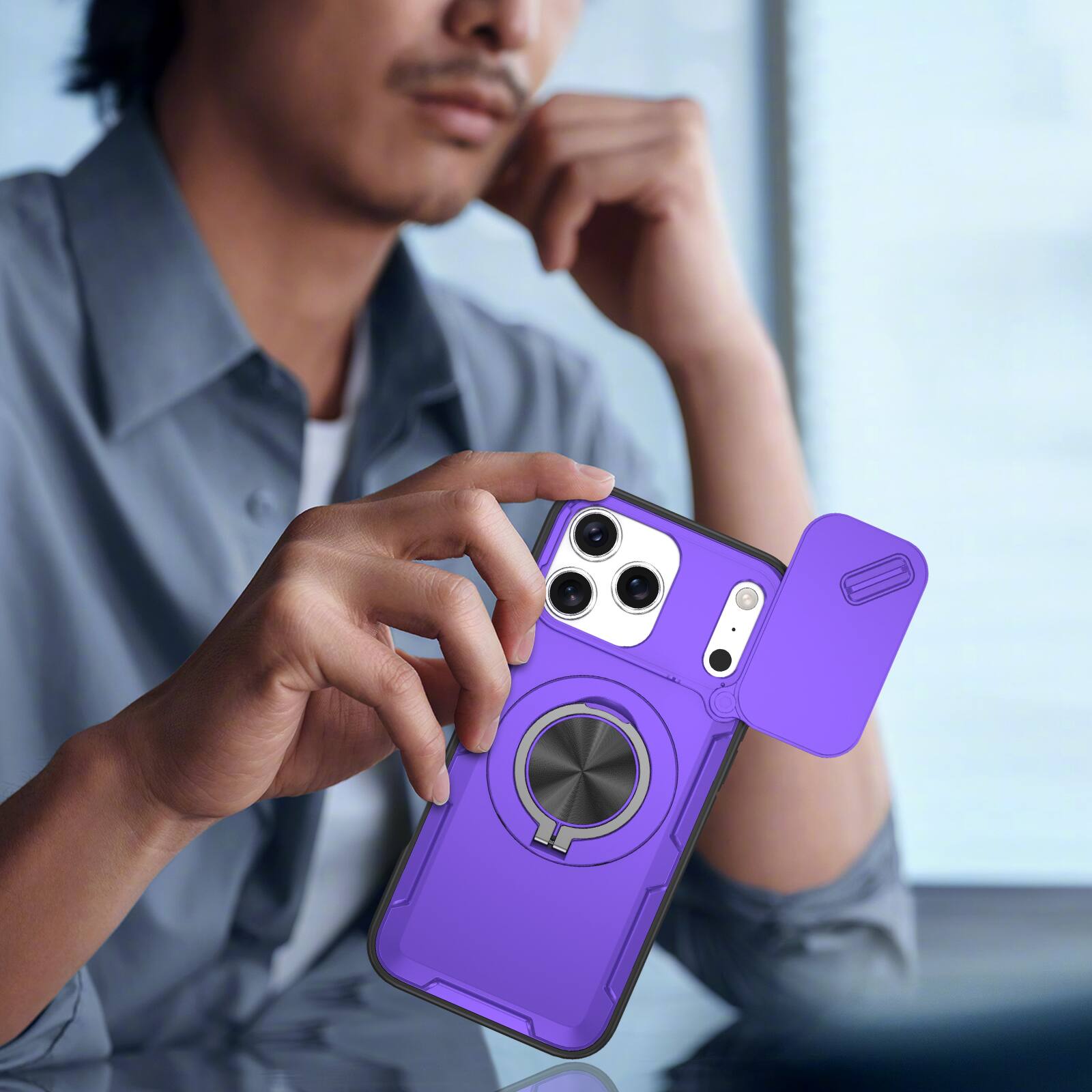Alt View 2. Dteck - Rotating Ring Kickstand For iPhone 17 Pro Max Case, Magnetic Shockproof Hard PC TPU Bumper Cover - Purple.