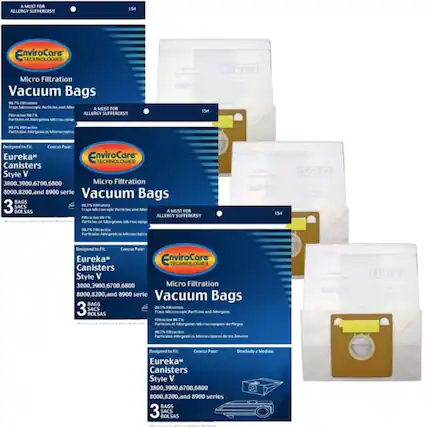 A MUST FOR ALLERGY SUFFERERS!!
154 EnviroCore TECHNOLOGIES Micro Filtration Vacuum Bags
99.7% Filtration Traps Microscopic Particles and Allergens
Designed to Fit:
Eureka Canisters Style V
3800, 3900, 6700, 6800, 8000, 8200, and 8900 series
3 BAGS
SACS
BOLSAS
99.7% Filtration Traps Microscopic Particles and Allergens
A MUST FOR ALLERGY SUFFERERS!!
Designed to Fit:
Eureka Canisters Style V
3800, 3900, 6700, 6800, 8000, 8200, and 8900 series
3 BAGS
SACS
BOLSAS
99.7% Filtration Traps Microscopic Particles and Allergens
A MUST FOR ALLERGY SUFFERERS!!
Designed to Fit:
Eureka Canisters Style V
3800, 3
