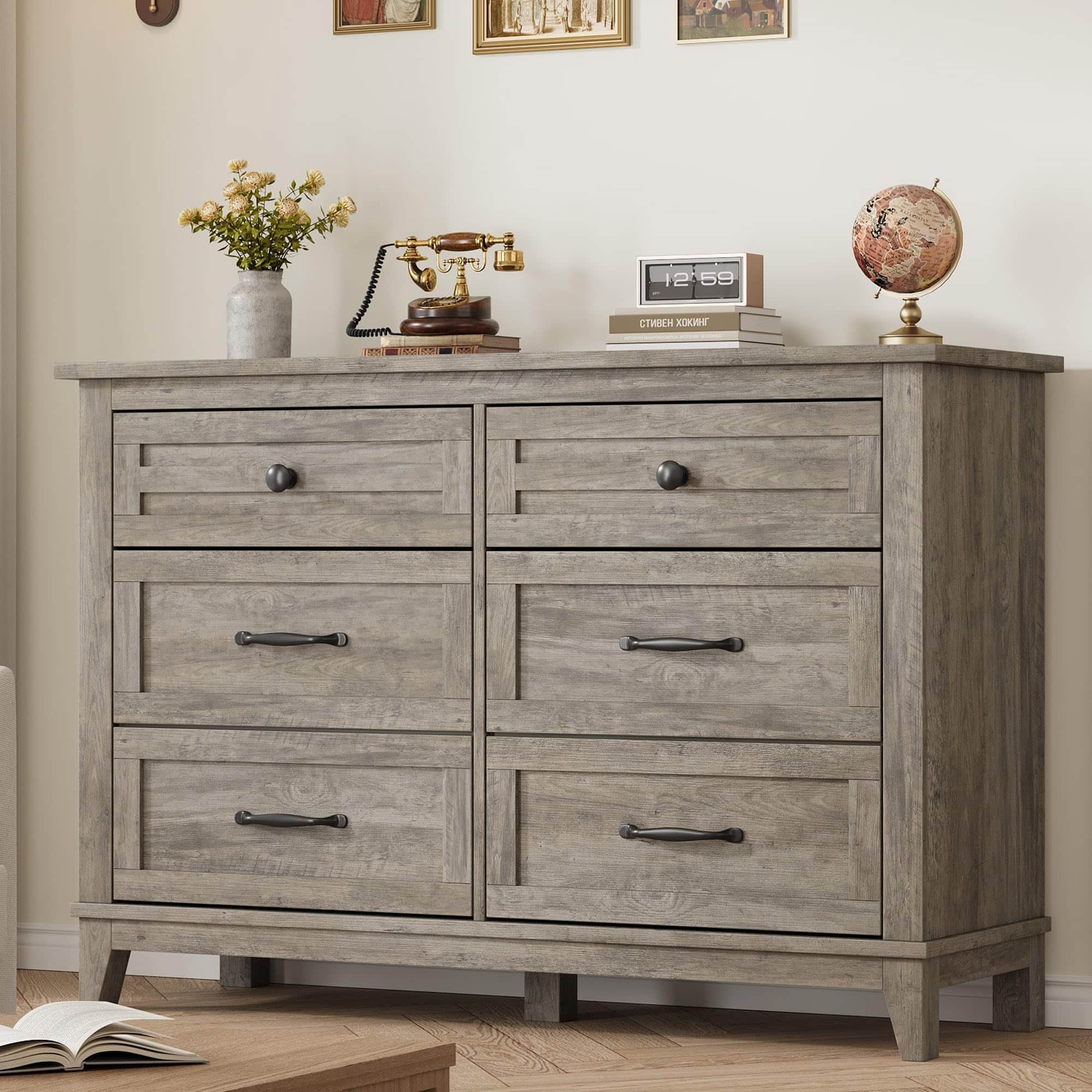 Jojoka - 6 Drawer Dresser for Bedroom, 47" Wide Wooden Storage Chest, Freestanding Closet Organizer - Gray