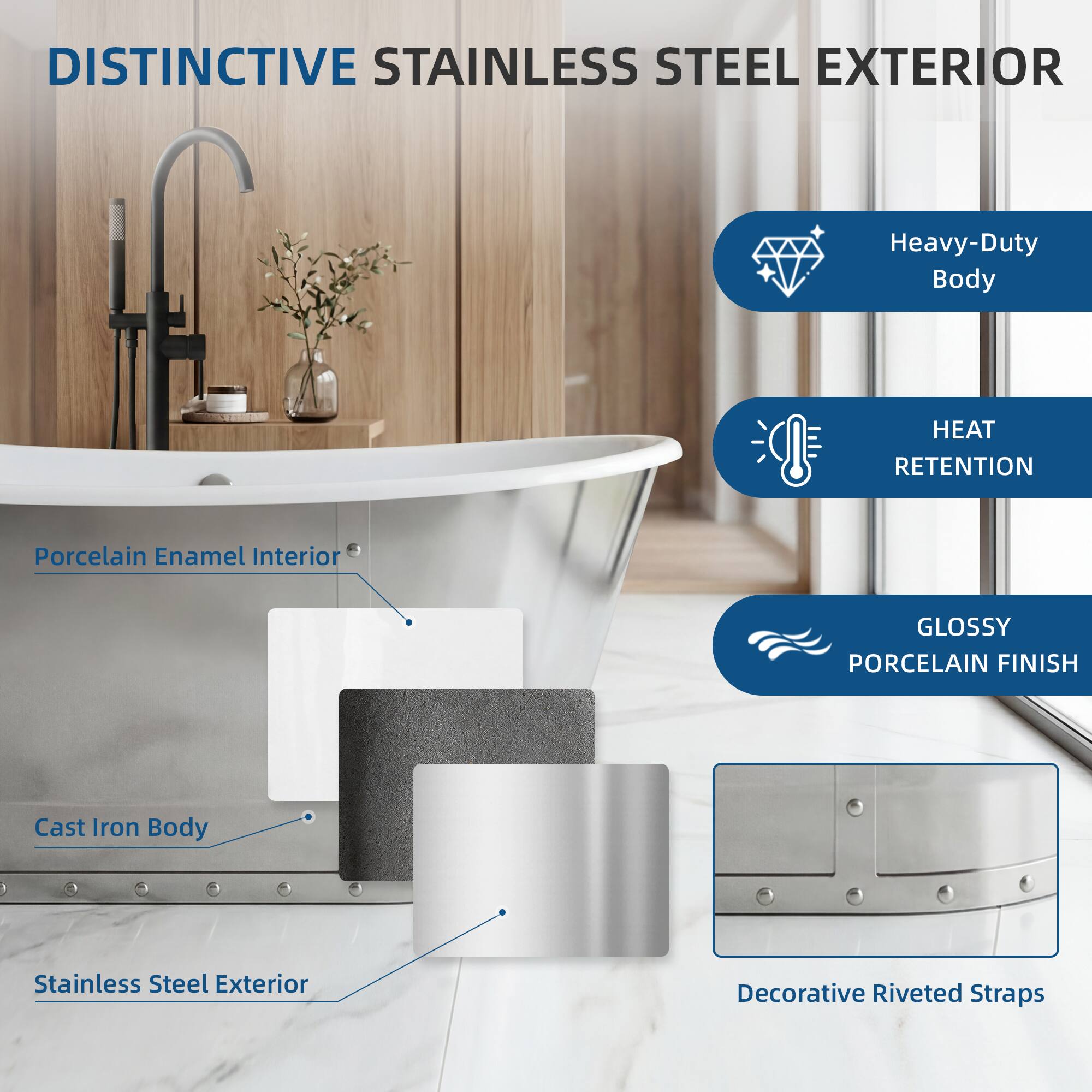 DISTINCTIVE STAINLESS STEEL EXTERIOR  
Heavy-Duty Body  
HEAT RETENTION  
Porcelain Enamel Interior  
GLOSSY PORCELAIN FINISH  
Cast Iron Body  
Stainless Steel Exterior  
Decorative Riveted Straps