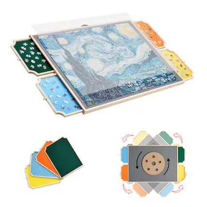 Front. VEVOR - 1500 Piece Rotating Puzzle Board with 4 Colorful Felt Drawers and Cover, 34x25 in Portable Wooden Table.