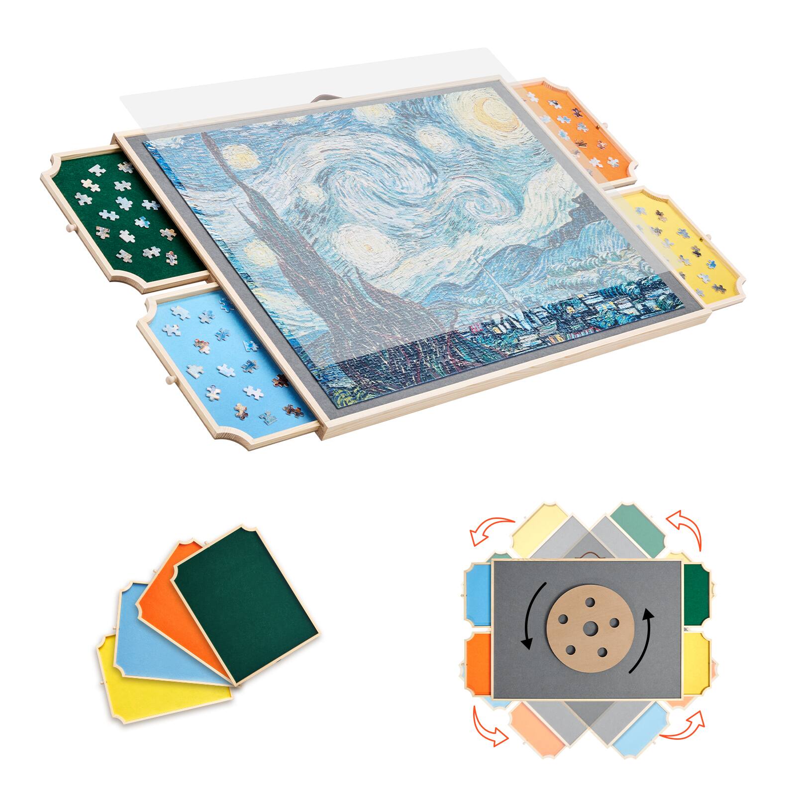 VEVOR - 1500 Piece Rotating Puzzle Board with 4 Colorful Felt Drawers and Cover, 34x25 in Portable Wooden Table