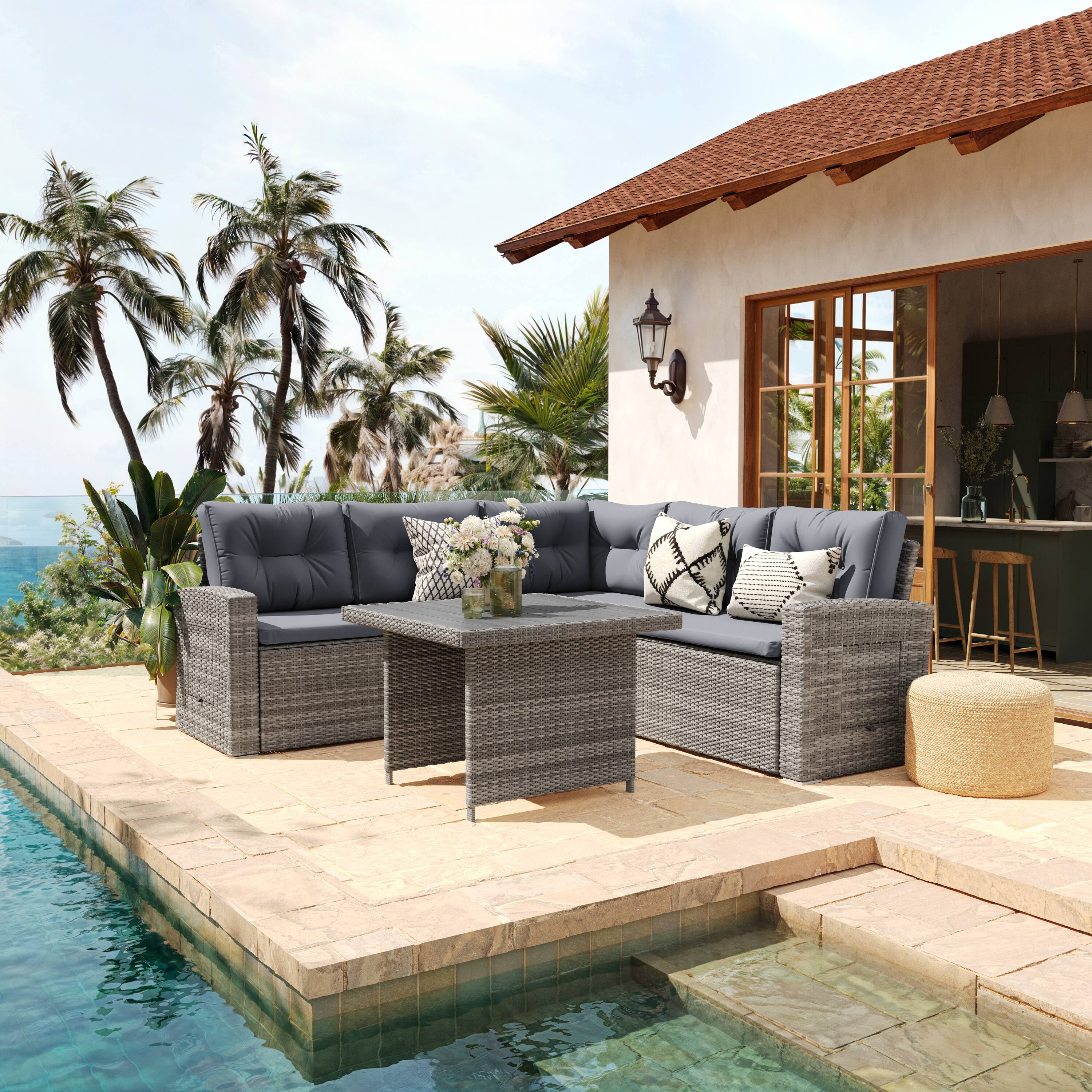 Alt View 1. Flash Furniture - Huck Indoor/Outdoor Wicker Rattan Conversation Set, L-Shaped Sofa with Dining Table, Weather Resistant Cushions, Gray - Gray.