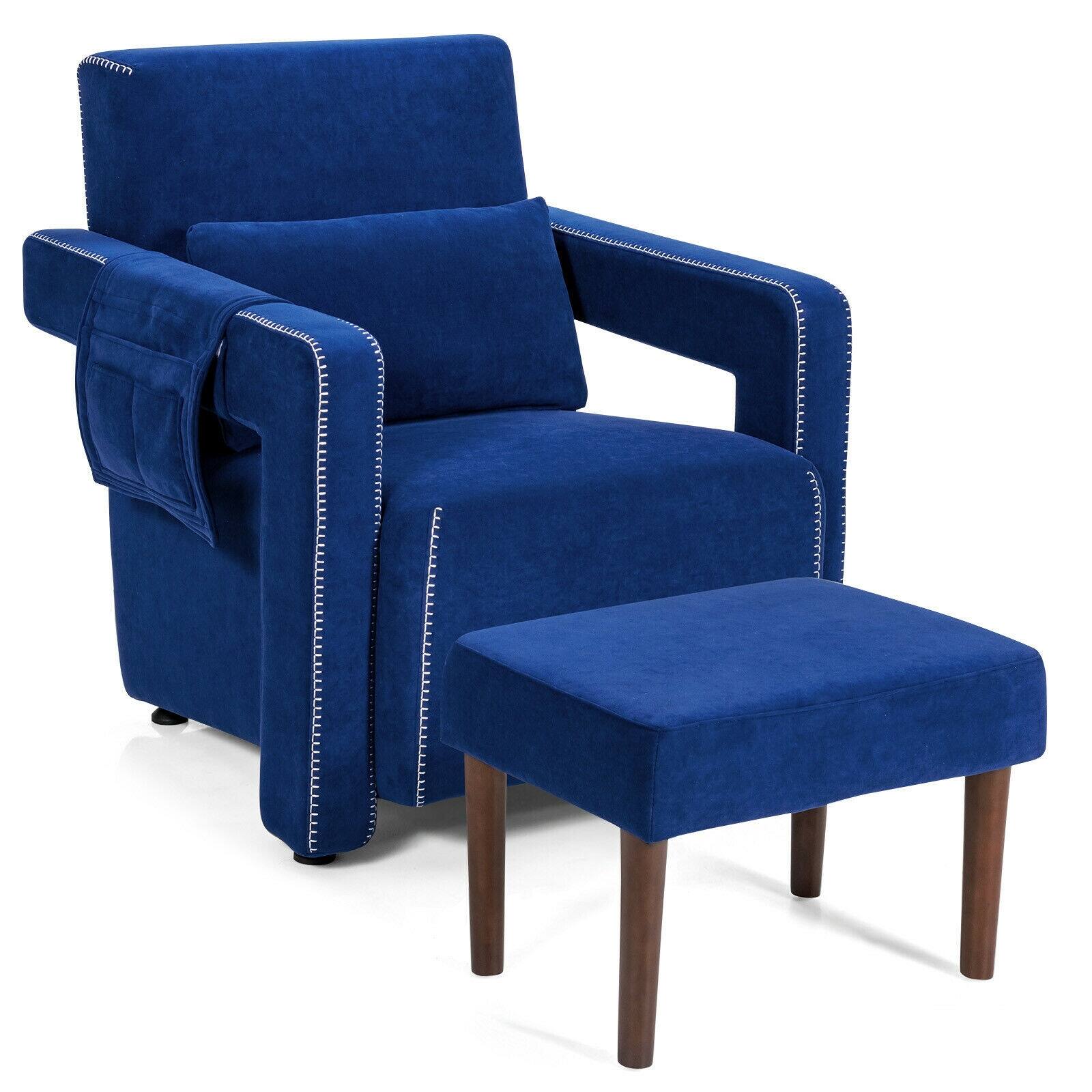 Front. WELLFOR - Modern Berber Fleece Single Sofa Chair with Ottoman and Waist Pillow - Blue.