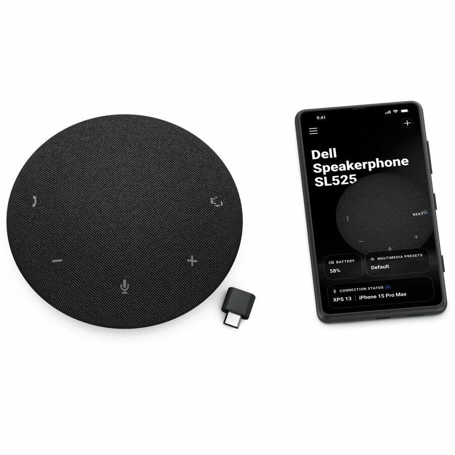 9:41  
Dell Speakerphone SL525  
BATTERY 58%  
MULTIMEDIA PRESETS Default  
CONNECTION STATUS 2  
XPS 13 iPhone 15 Pro Max