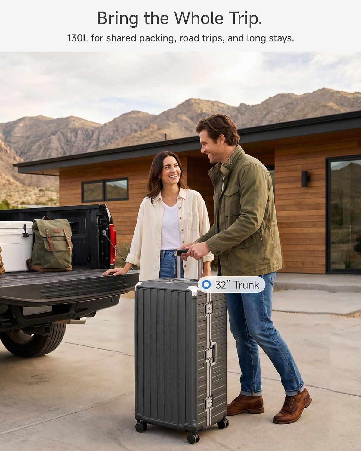 Bring the Whole Trip.  
130L for shared packing, road trips, and long stays.  
32" Trunk