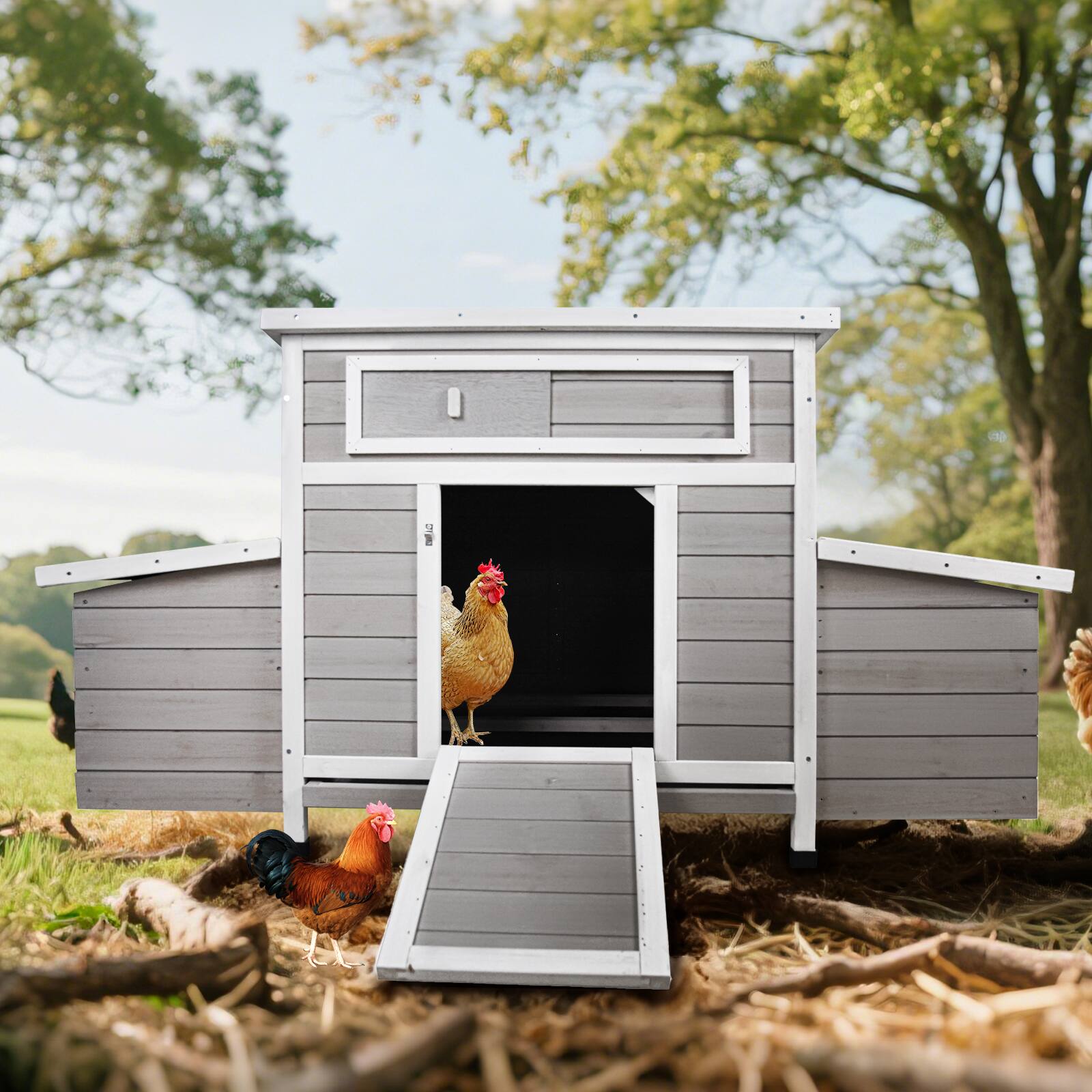 Alt View 7. Mondawe - 58" Fir Wood Chicken Coop Outdoor Hen House Poultry Cage w/ 2 Nesting Boxes, Moisture Protection - Light Brown.
