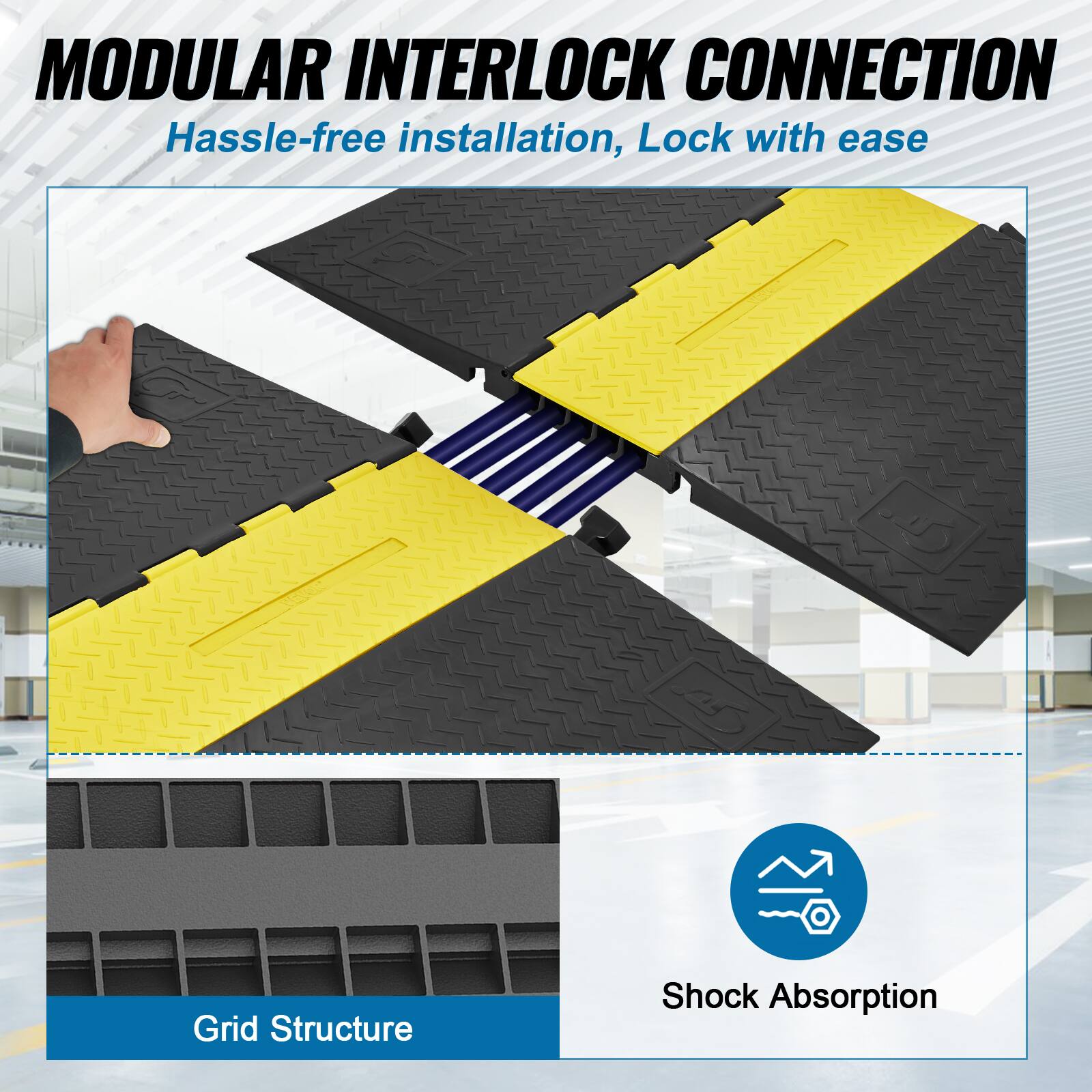 MODULAR INTERLOCK CONNECTION, Hassle-free installation, Lock with ease, Grid Structure, Shock Absorption