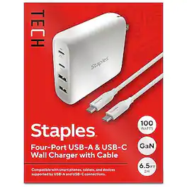 Staples TECH - GaN USB-A/USB-C Wall Charger with Cable, 100W, White (ST62314) - White