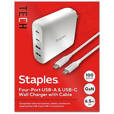 TECH Staples
Staples
Four-Port USB-A & USB-C Wall Charger with Cable
Compatible with smartphones, tablets, and devices supported by USB-A and USB-C connections
100 WATTS GaN
6.5FT (2M)