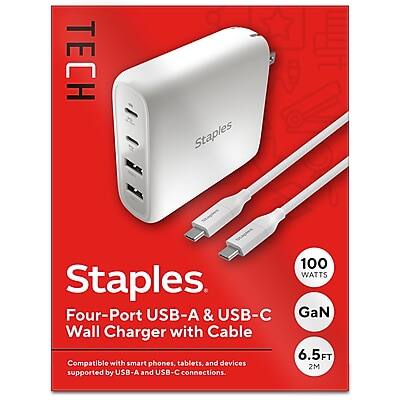 TECH Staples

Staples
Four-Port USB-A & USB-C Wall Charger with Cable

Compatible with smartphones, tablets, and devices supported by USB-A and USB-C connections

100 WATTS GaN
6.5FT (2M)