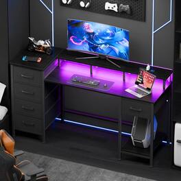Furnulem - 61 Inch Computer Desk with 5 Fabric Storage Drawers Gaming Desk with Power Outlets and LED Lights - Black