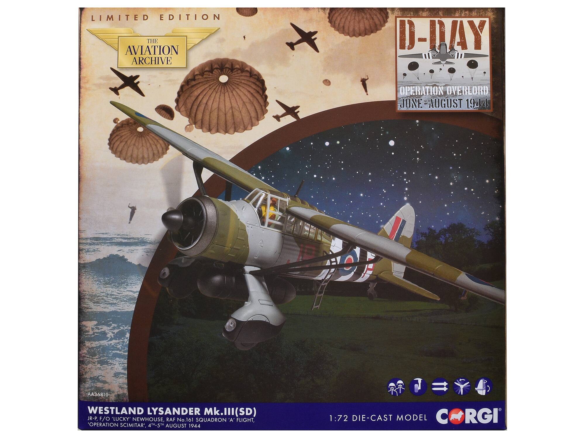 LIMITED EDITION  
THE AVIATION ARCHIVE  

D-DAY  
OPERATION OVERLORD  
JUNE - AUGUST 1944  

WESTLAND LYSANDER Mk.III(SD)  
JR-P F/O "LUCKY" NEWHOUSE, RAF No.161 SQUADRON A FLIGHT, OPERATION SCIMITAR, 4-5TH AUGUST 1944  

1:72 DIE-CAST MODEL  

AA36810  

CORGI