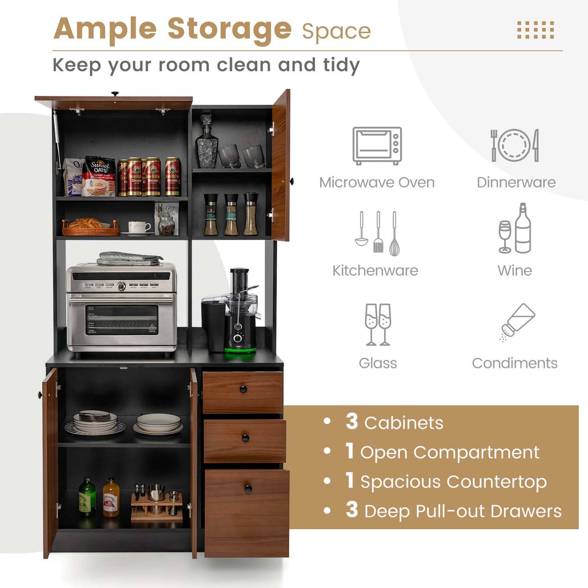 Ample Storage Space, Keep your room clean and tidy, 3 Cabinets, 1 Open Compartment, 1 Spacious Countertop, 3 Deep Pull-out Drawers, Microwave Oven, Dinnerware, Kitchenware, Wine, Glass, Condiments