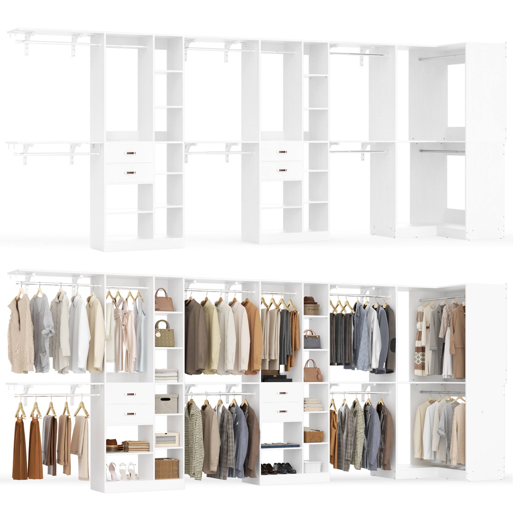 Angle. Aheaplus - 126'' L Shaped Closet System with 4 Drawers, 8 Hanging Rods and Adjustable Shelves, Reversible, Set of 3 - White.