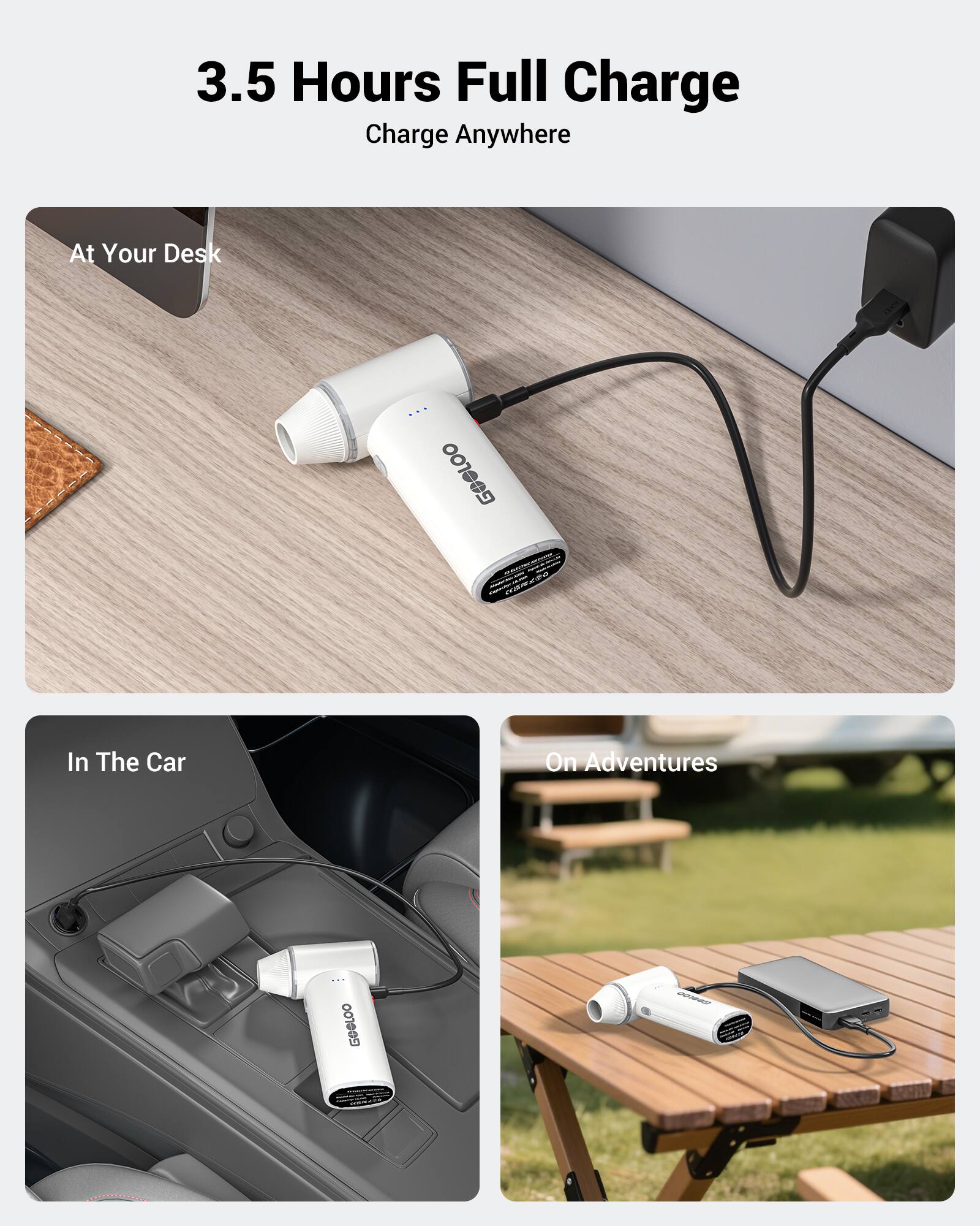 3.5 Hours Full Charge  
Charge Anywhere  

At Your Desk  
In The Car  
On Adventures