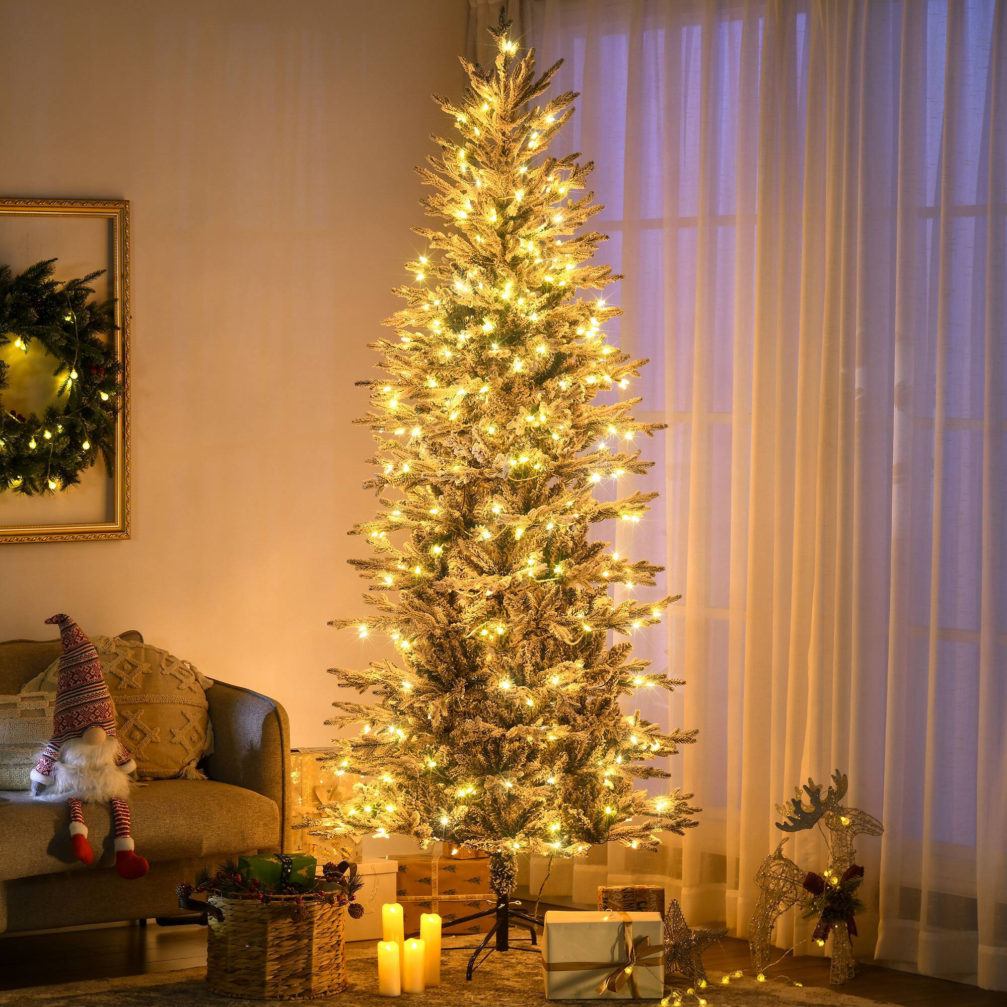 Alt View 1. Homcom - Pre Lit Artificial Flocked Christmas Trees, with Snow Branches, Warm Yellow Clear Lights, Auto Open - Green.