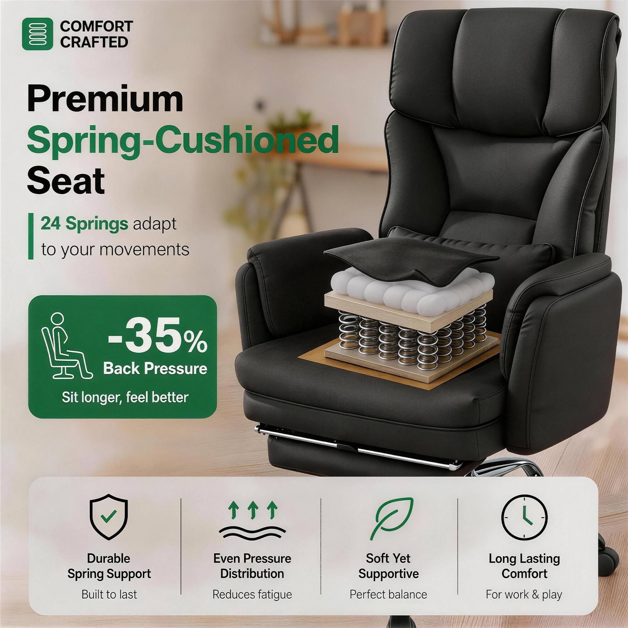 COMFORT CRAFTED

Premium Spring-Cushioned Seat

24 Springs adapt to your movements

-35% Back Pressure
Sit longer, feel better

Durable Spring Support
Built to last

Even Pressure Distribution
Reduces fatigue

Soft Yet Supportive
Perfect balance

Long Lasting Comfort
For work & play