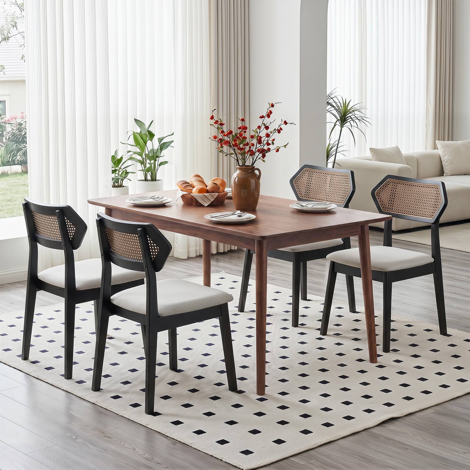 Alt View 4. Costway - Costway 2 PCS Rattan Dining Chairs, Upholstered Kitchen Chairs with Rattan Back & Wood Frame - Black.