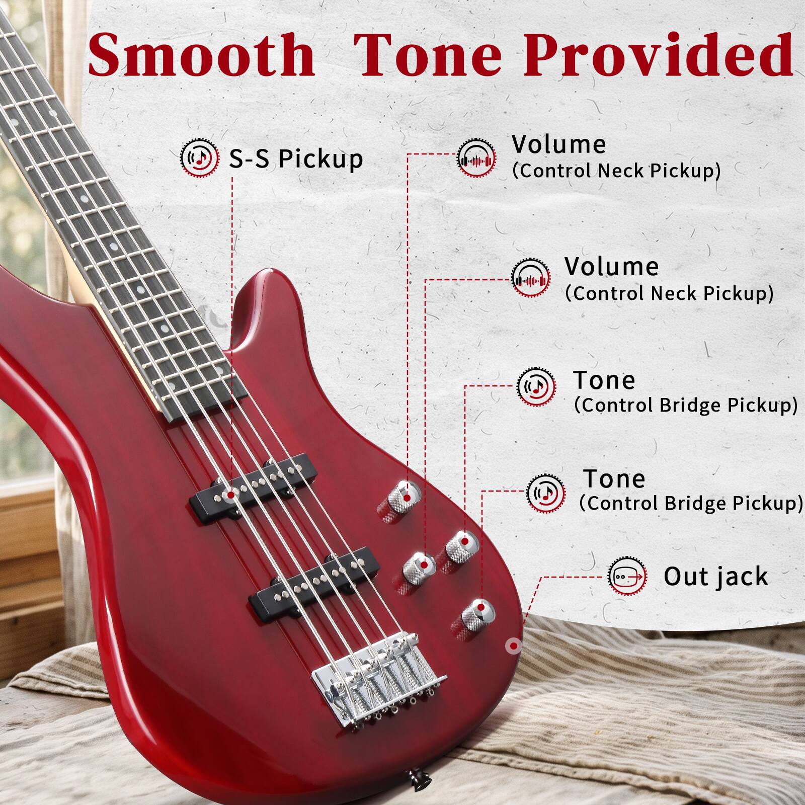 Smooth Tone Provided

- S-S Pickup
- Volume (Control Neck Pickup)
- Volume (Control Neck Pickup)
- Tone (Control Bridge Pickup)
- Tone (Control Bridge Pickup)
- Out jack
