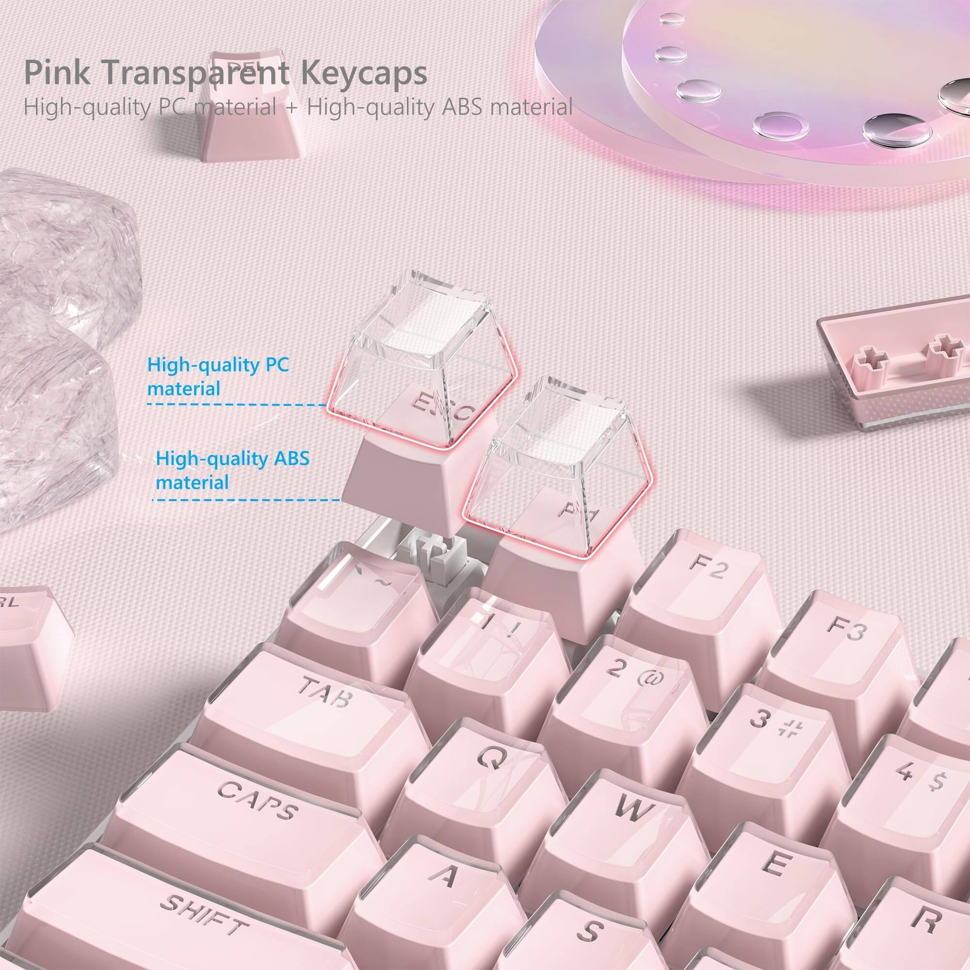 Pink Transparent Keycaps  
High-quality PC material + High-quality ABS material  

High-quality PC material  
High-quality ABS material  

TAB CAPS SHIFT ! Q A P d 2 u W S F2 3 E F3 4 $ R I