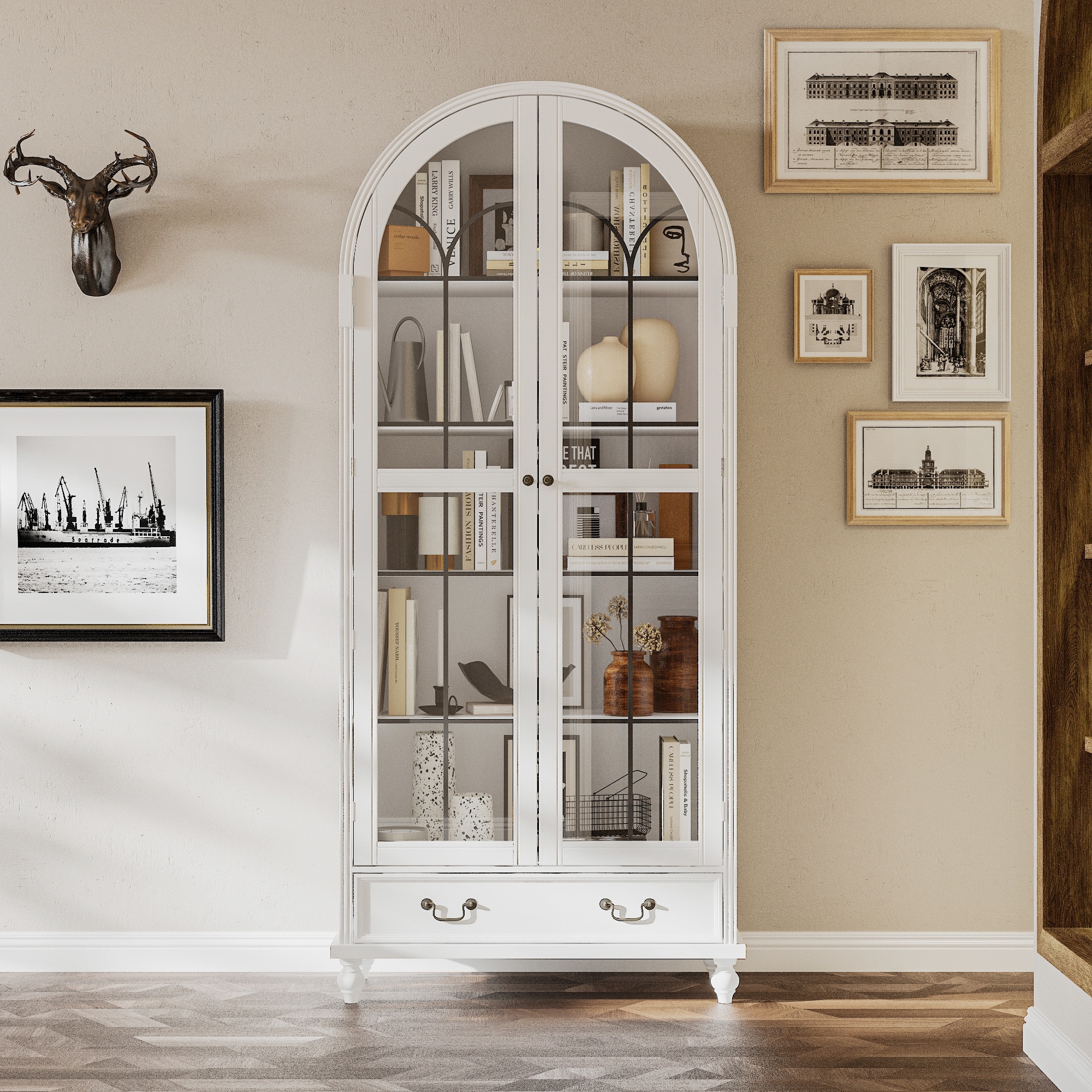 FUFU & GAGA - Vintage Glass Display Cabinet with Solid Wood Legs and Bronze Handles for Living Room or Dining Room - White