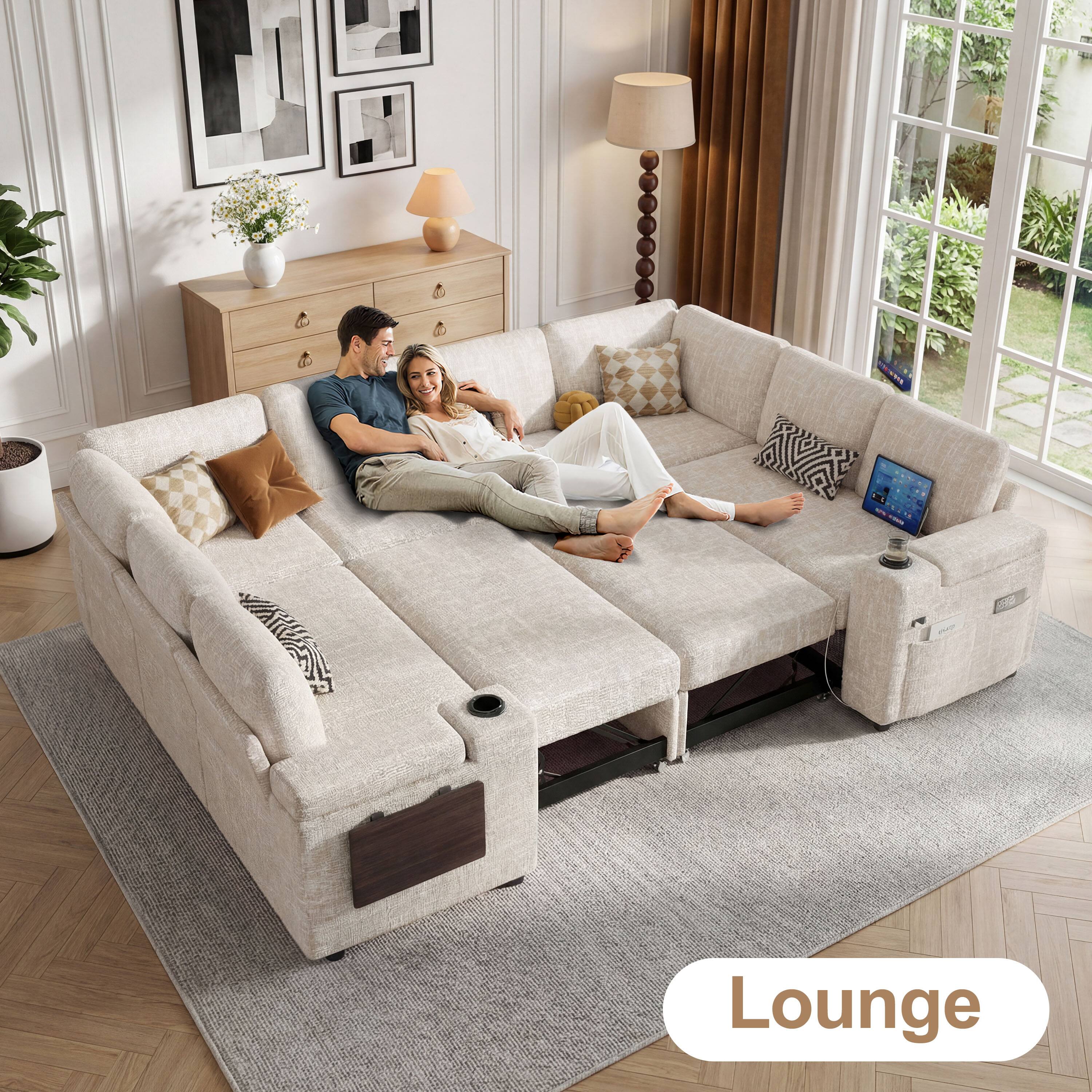 Alt View 1. Dyonery - 112" Beige Chenille 8-seater U-shaped Sectional Sleeper Sofa Bed with Pull Out Bed, USB Ports,Cup Holders, Side Pockets - Beige.