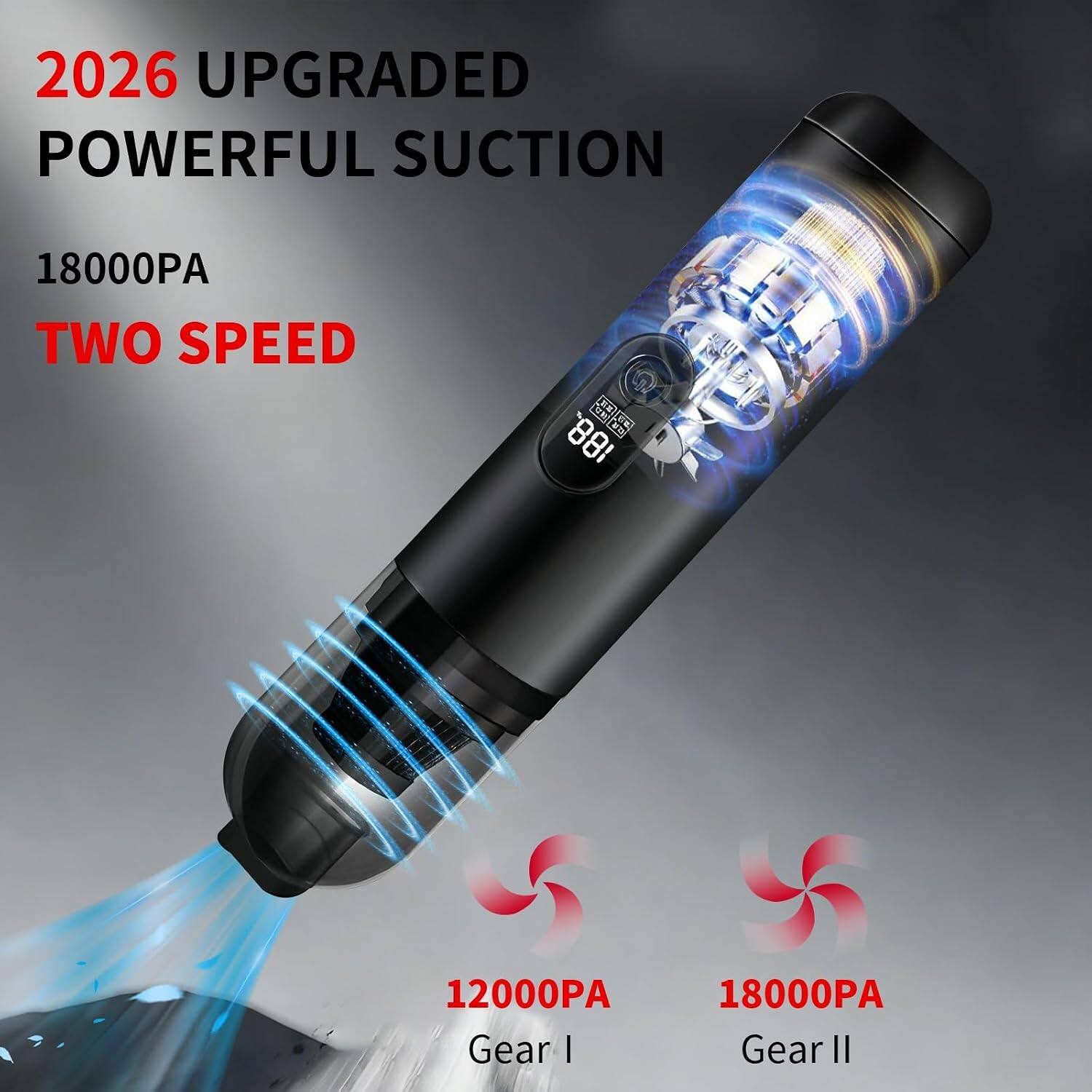 2026 UPGRADED POWERFUL SUCTION  
18000PA TWO SPEED  
12000PA Gear I  
18000PA Gear II