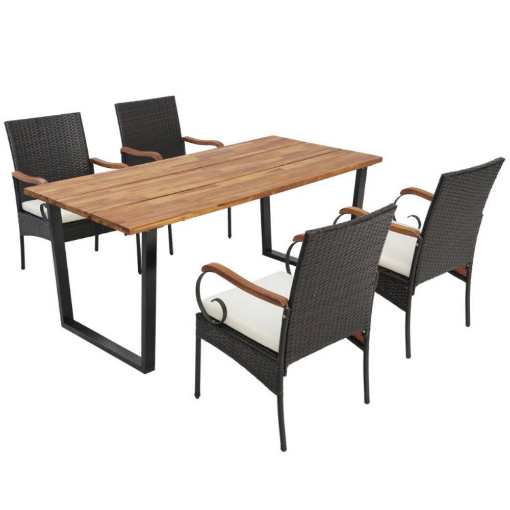 Front. Mondawe - 5 Pieces Patio Rattan Dining Set with Umbrella Hole for Poolside Backyard - Mix Brown.