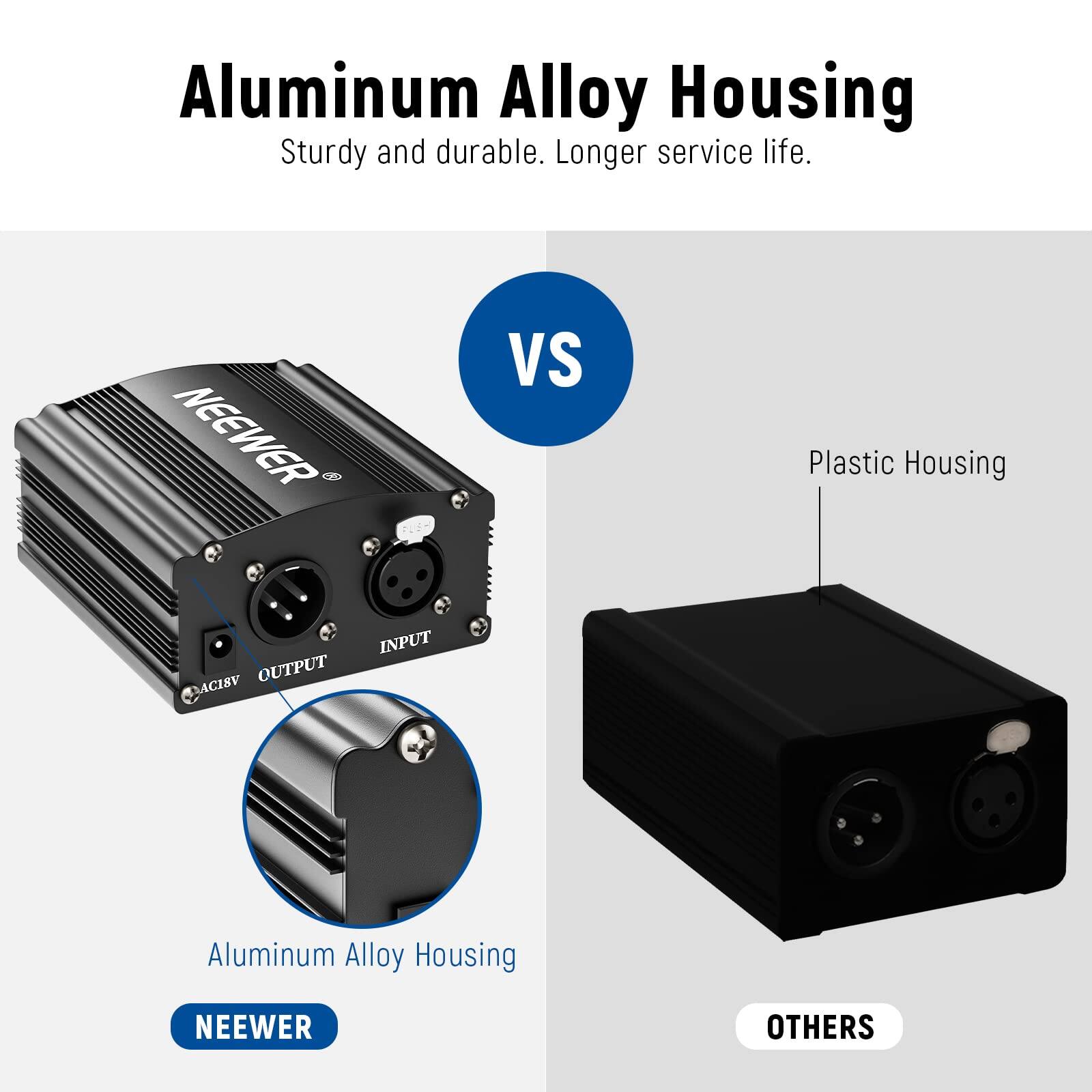 Aluminum Alloy Housing  
Sturdy and durable. Longer service life.  

NEEWER VS Plastic Housing  

OUTPUT AC18V  
INPUT  

Aluminum Alloy Housing  
NEEWER  

OTHERS