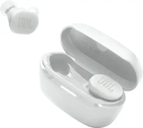 JBL is a brand that manufactures and sells various electronic products, including earphones and headphones. The image shows a close-up of a JBL earphone, which is a small white device with a white case. The earphone is designed to be worn in the ear and can be used for listening to music, making phone calls, or participating in video conferences. The JBL brand is known for its high-quality audio products and is popular among music enthusiasts and professionals alike.