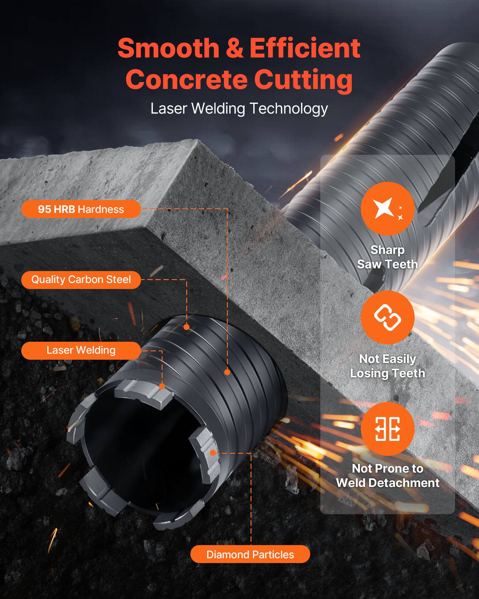 Smooth & Efficient Concrete Cutting  
Laser Welding Technology  

- 95 HRB Hardness  
- Quality Carbon Steel  
- Laser Welding  
- Sharp Saw Teeth  
- Not Easily Losing Teeth  
- Not Prone to Weld Detachment  
- Diamond Particles