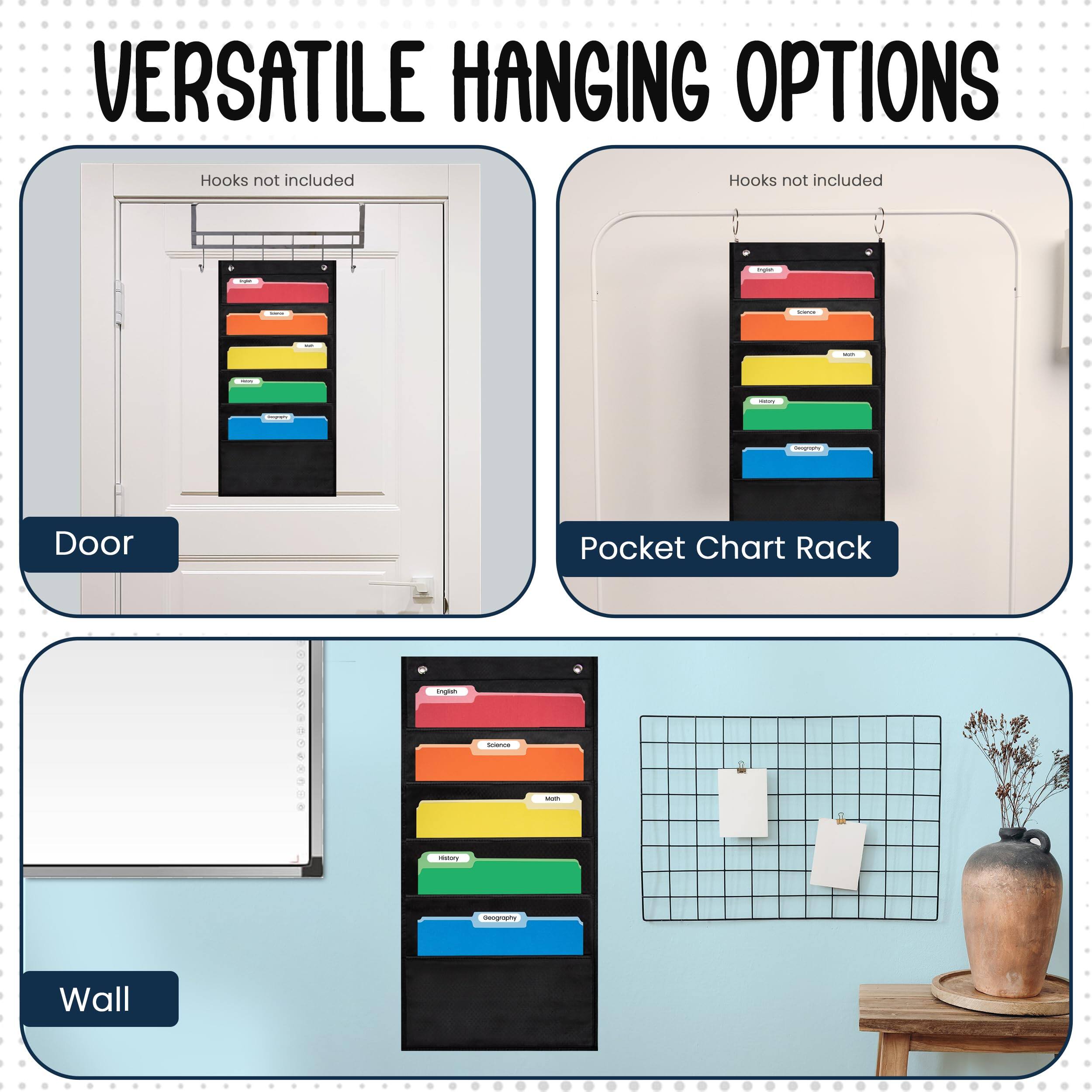 VERSATILE HANGING OPTIONS

- Door
  - Hooks not included

- Pocket Chart Rack
  - Hooks not included

- Wall