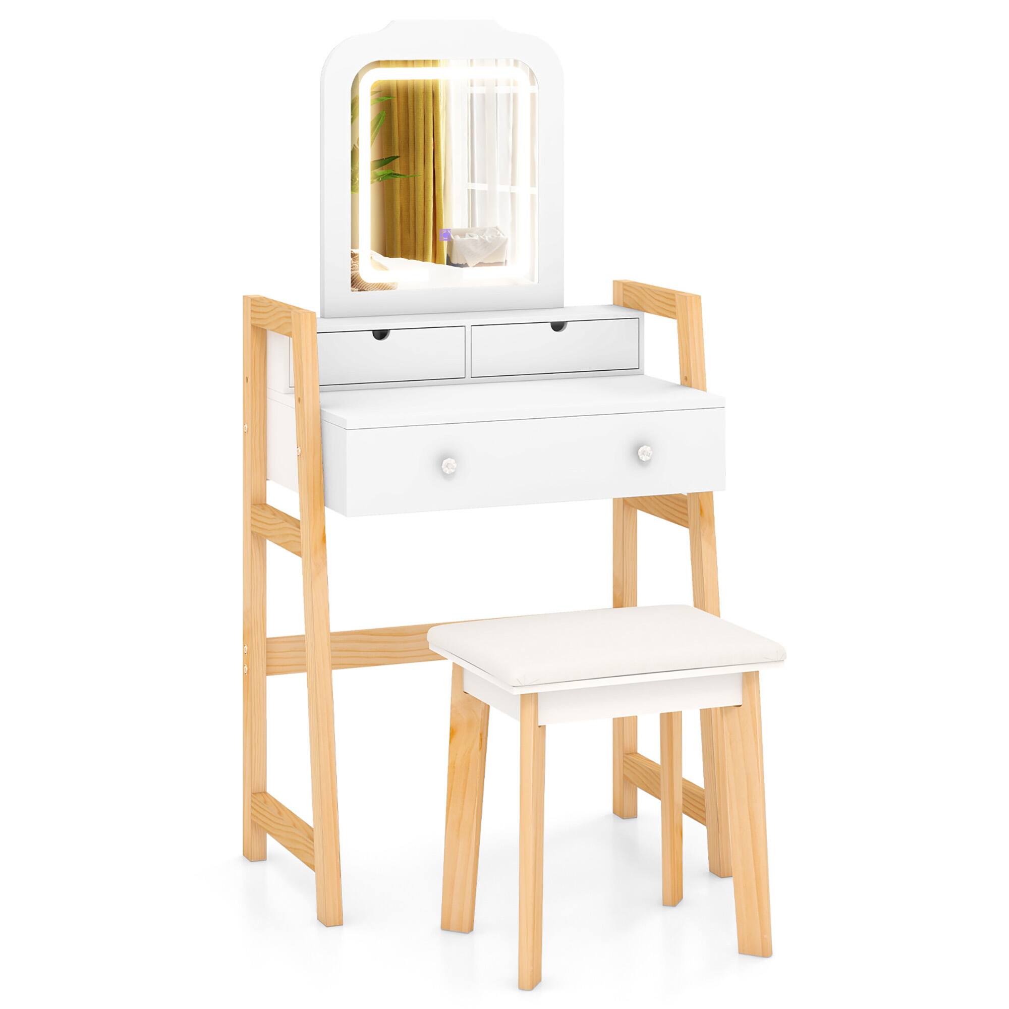 Alt View 9. Gymax - Gymax Vanity Desk Set w/ Mirror 3-Color LED Lights Drawers Solid Pine Wood Legs White - White.