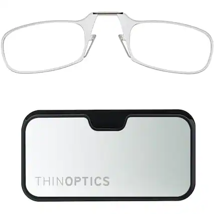 Front. ThinOptics - 1.0 Reading Glasses with Silver & Black Metal Universal Pod Case - Clear.