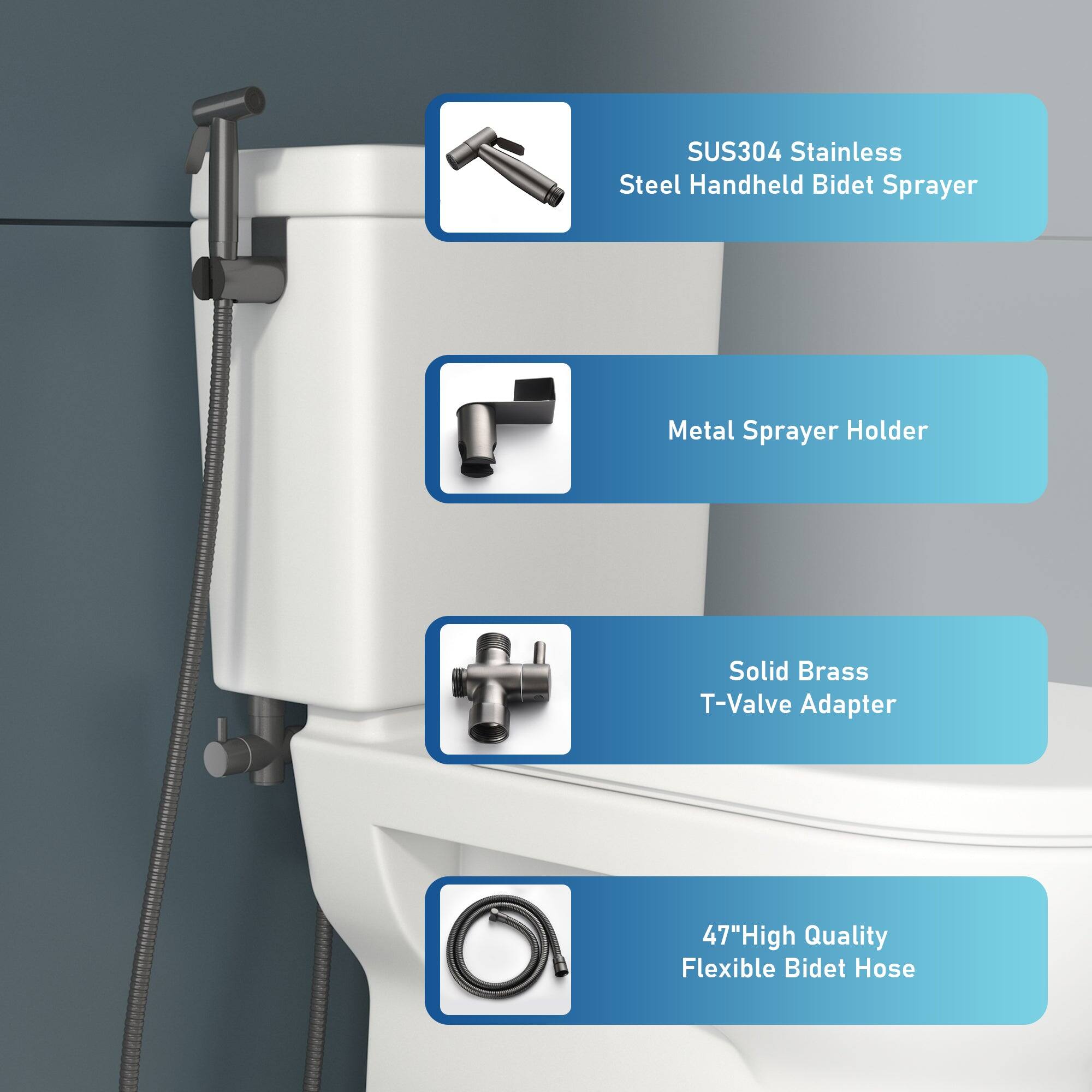 SUS304 Stainless Steel Handheld Bidet Sprayer, Metal Sprayer Holder, Solid Brass T-Valve Adapter, 47" High Quality Flexible Bidet Hose