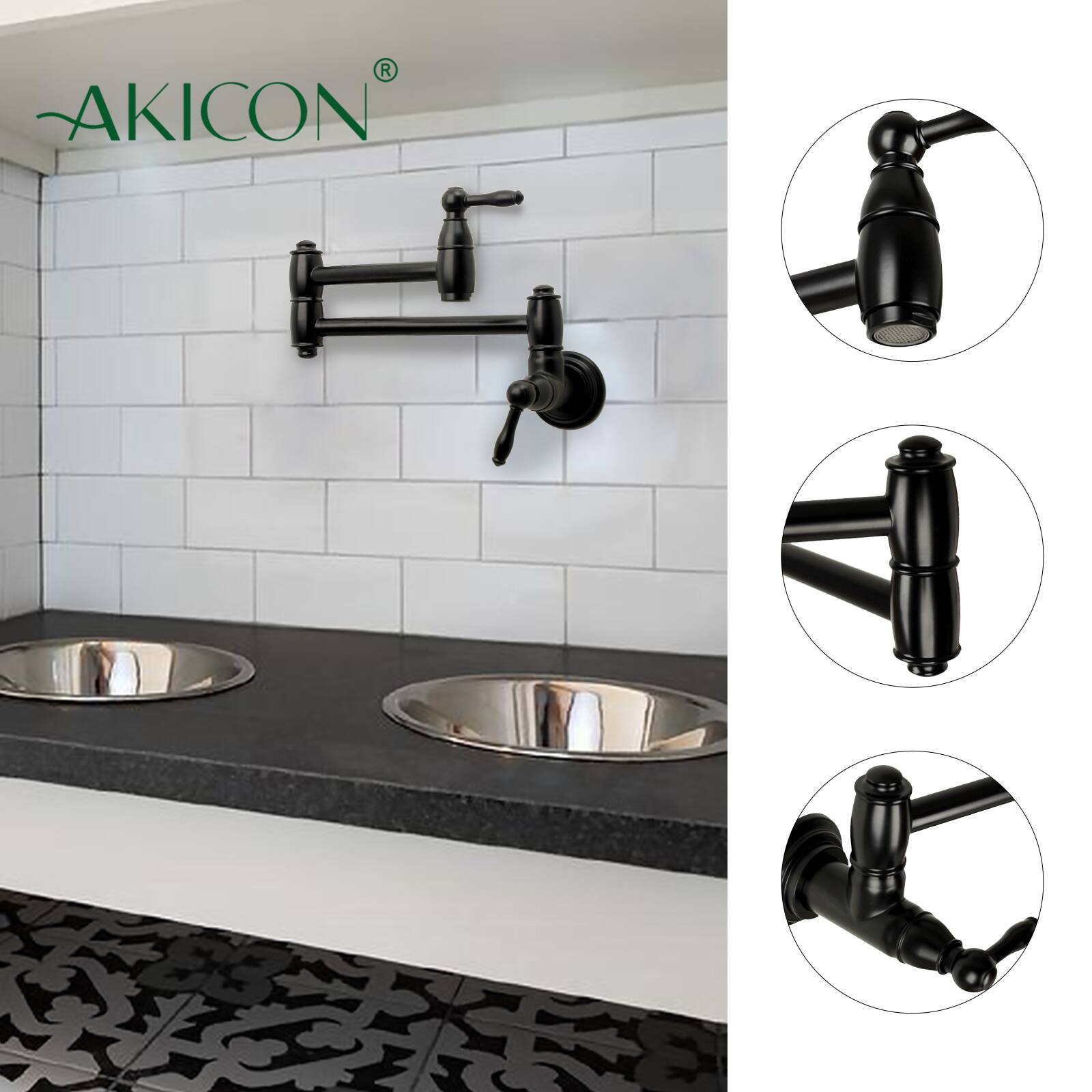 Alt View 3. Akicon - Akicon Solid Brass Wall-Mounted Pot Filler Kitchen Faucet with Dual Joint Swing Arms for Stovetop in Matte Black - Matte Black.