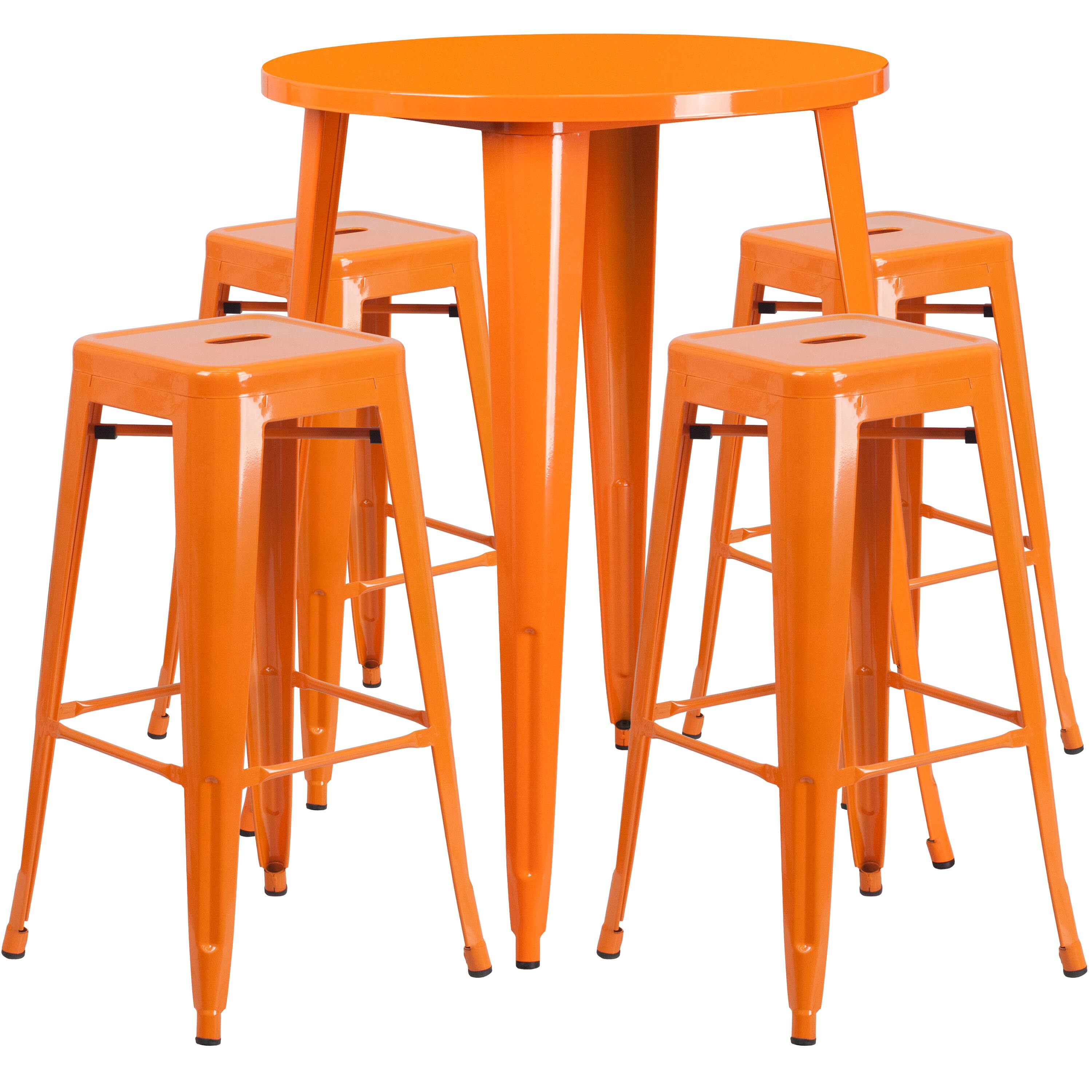 Front. Emma + Oliver - Commercial Grade 30" Round Metal Indoor-Outdoor Bar Table Set, 4 Backless Stools - Orange.