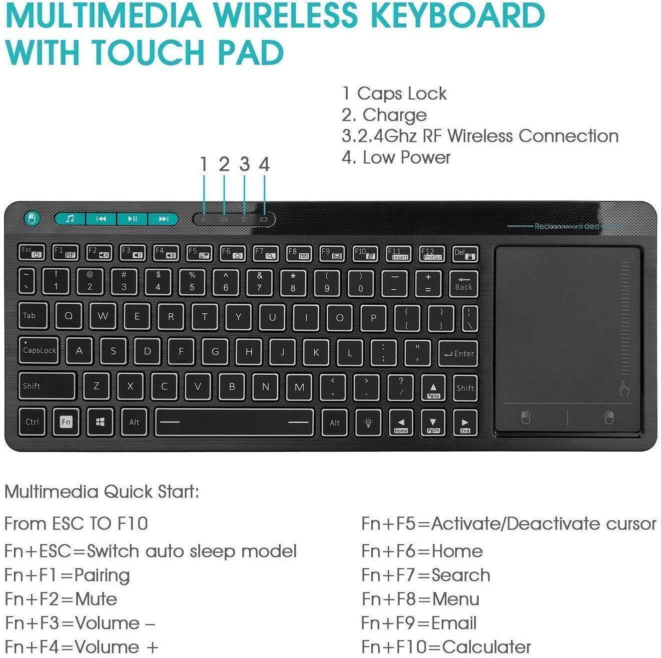 **MULTIMEDIA WIRELESS KEYBOARD WITH TOUCH PAD**

1. Caps Lock
2. Charge
3. 2.4Ghz RF Wireless Connection
4. Low Power

**Multimedia Quick Start:**
From ESC TO F10

- Fn + ESC = Switch auto sleep model
- Fn + F1 = Pairing
- Fn + F2 = Mute
- Fn + F3 = Volume -
- Fn + F4 = Volume +
- Fn + F5 = Activate/Deactivate cursor
- Fn + F6 = Home
- Fn + F7 = Search
- Fn + F8 = Menu
- Fn + F9 = Email
- Fn + F10 = Calculator